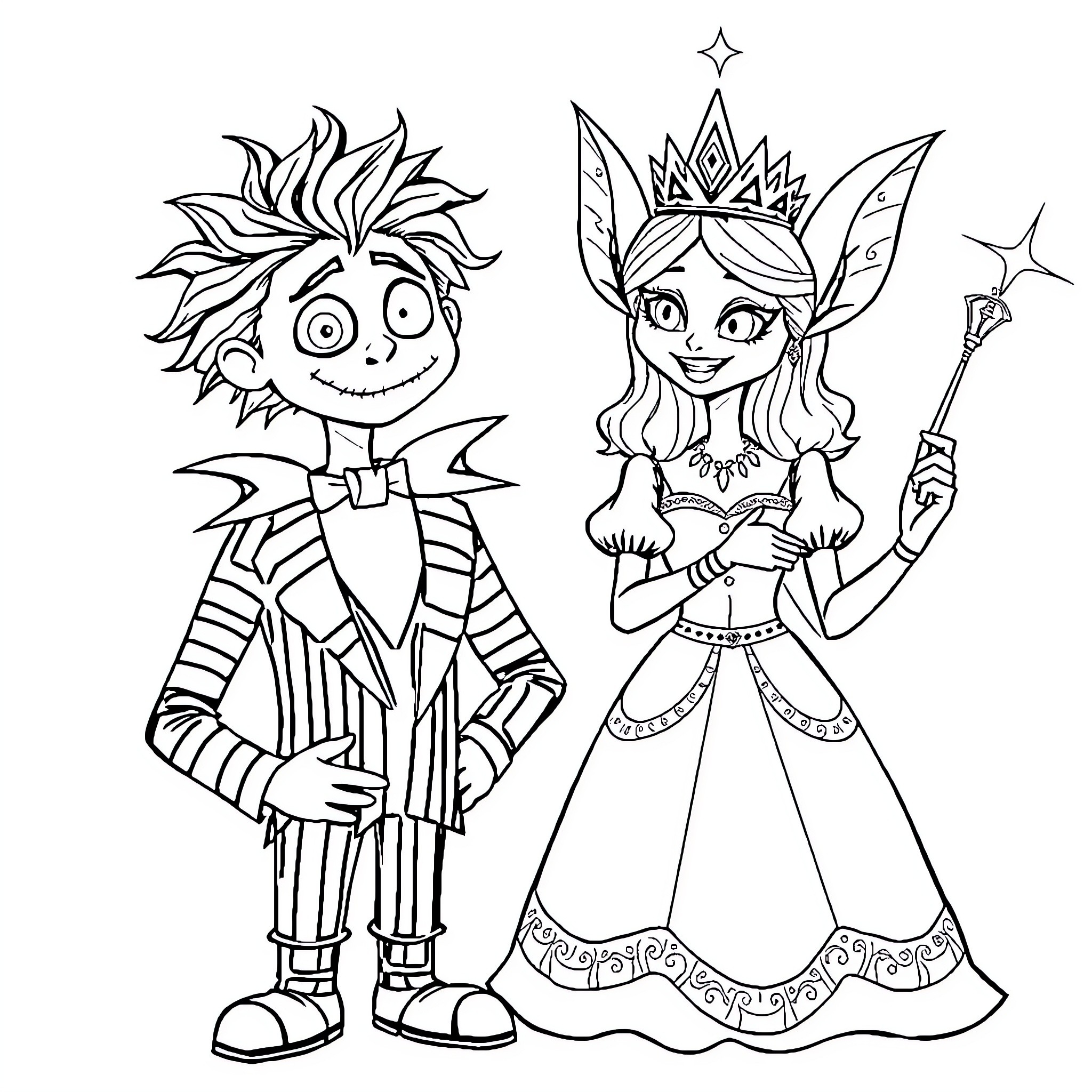 Jack's Whimsical Adventure with the Fairy Princess Coloring Page (free black-and-white line drawing printable PDF for all, from beginners to advanced learners, including children, teens, adults, and seniors)