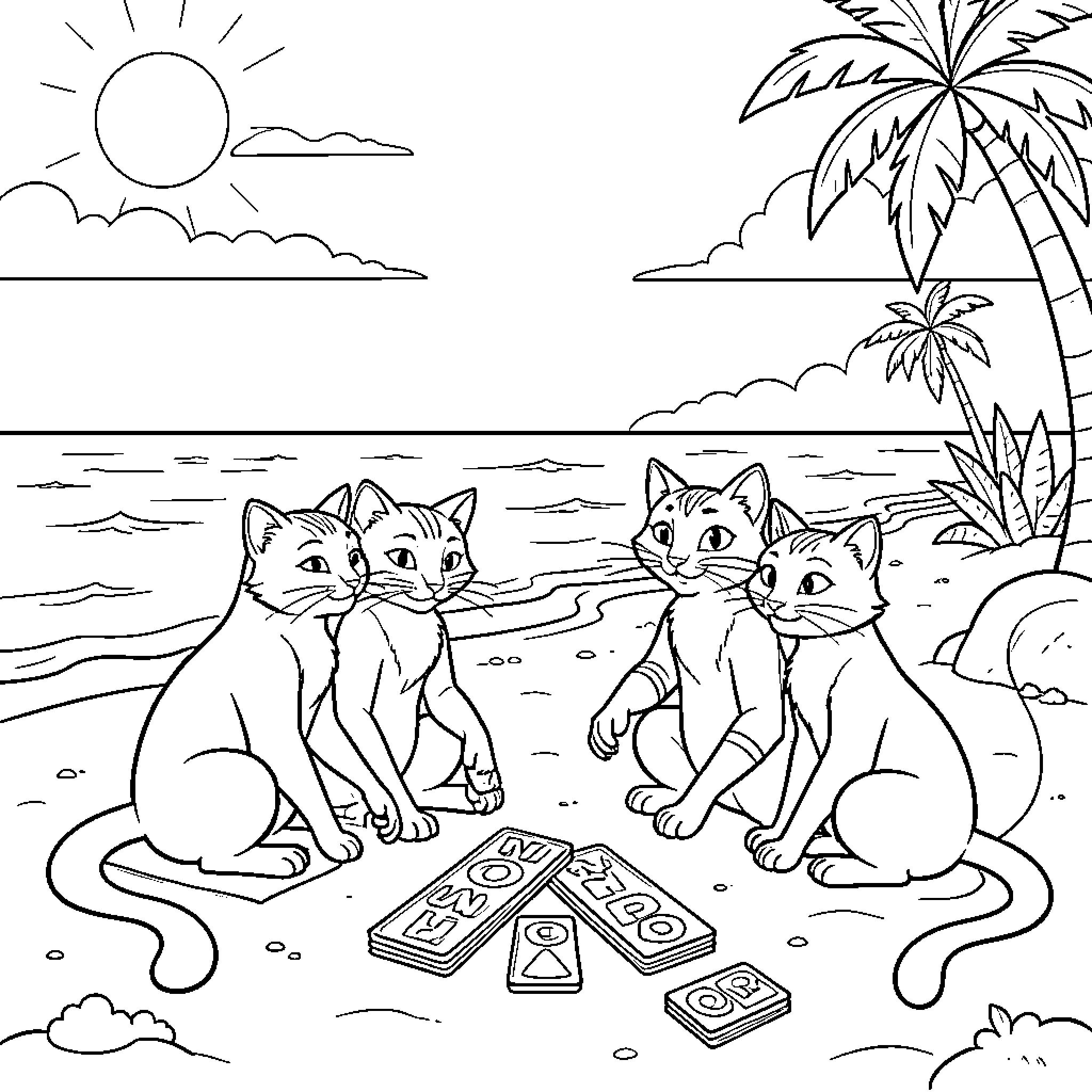 Aristocat kittens playing games on a tropical beach Coloring Page (free black-and-white line drawing printable PDF for all, from beginners to advanced learners, including children, teens, adults, and seniors)