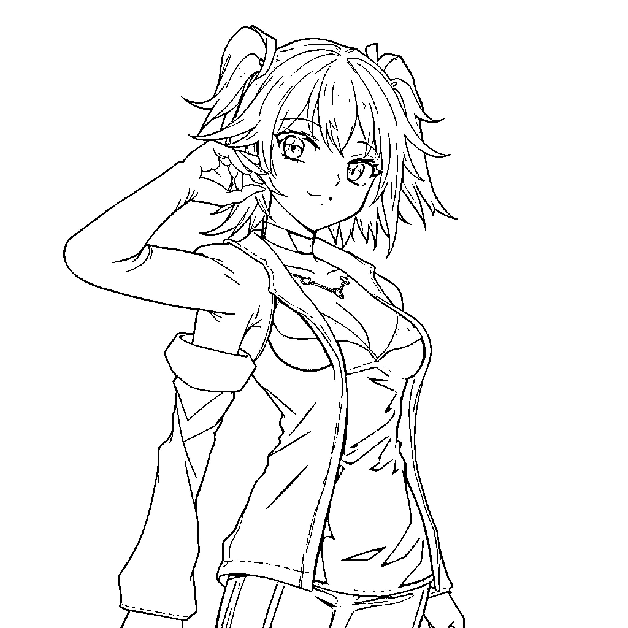 Anime girl with unique hairstyle and casual outfit Coloring Page (free black-and-white line drawing printable PDF for all, from beginners to advanced learners, including children, teens, adults, and seniors)