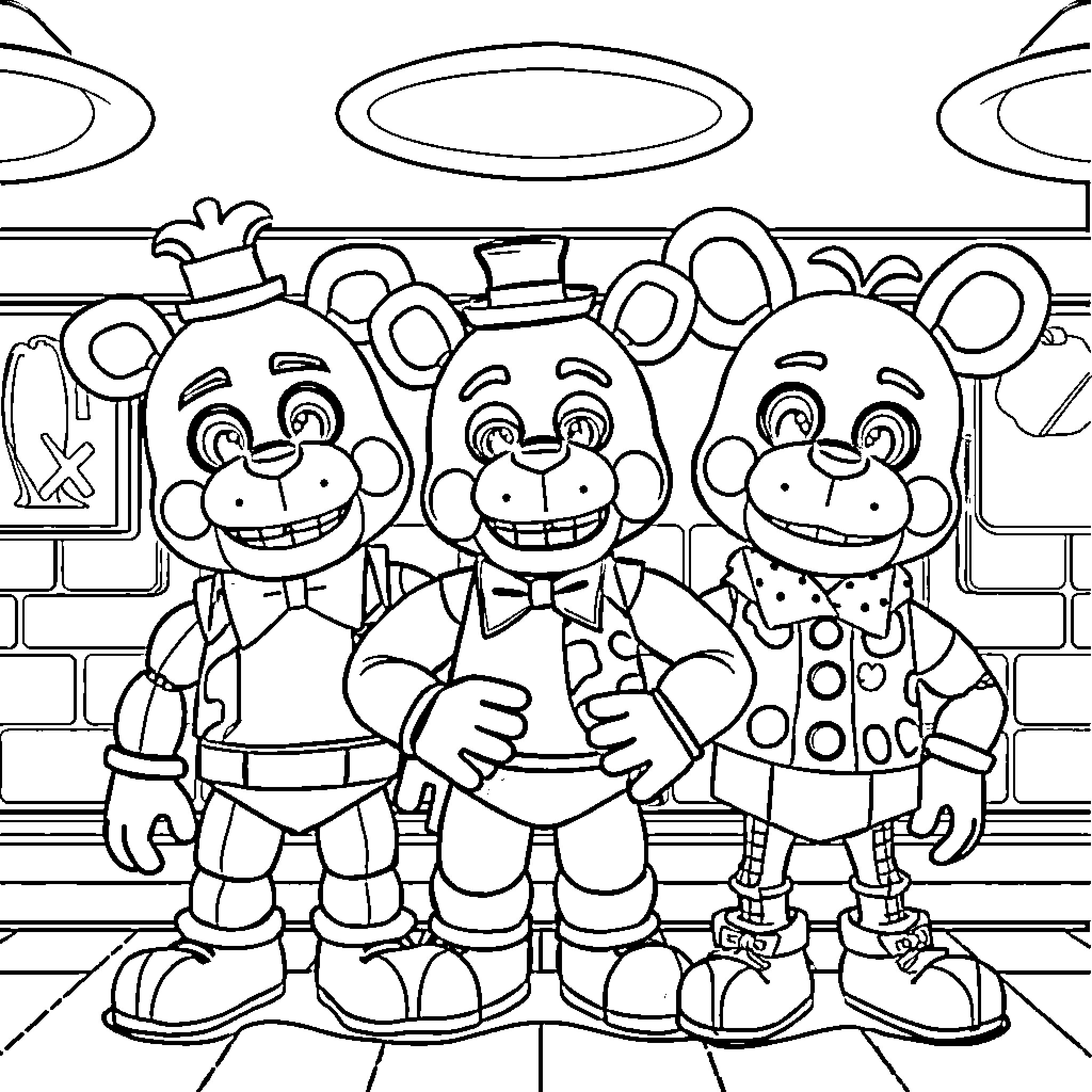 Animatronic Characters in Playful Poses Coloring Page (free black-and-white line drawing printable PDF for all, from beginners to advanced learners, including children, teens, adults, and seniors)