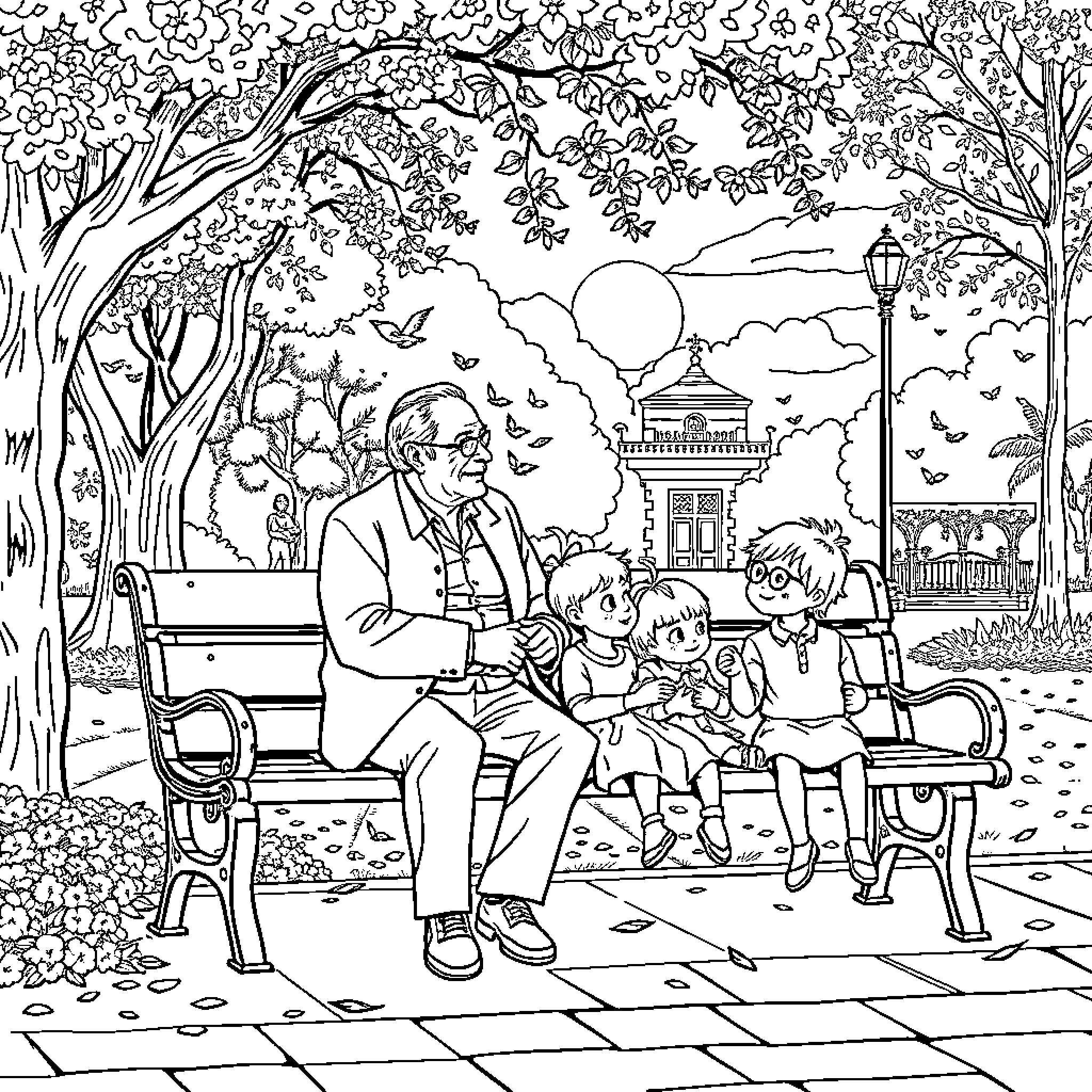 Grandfather spending time with grandchildren in the park Coloring Page (free black-and-white line drawing printable PDF for all, from beginners to advanced learners, including children, teens, adults, and seniors)