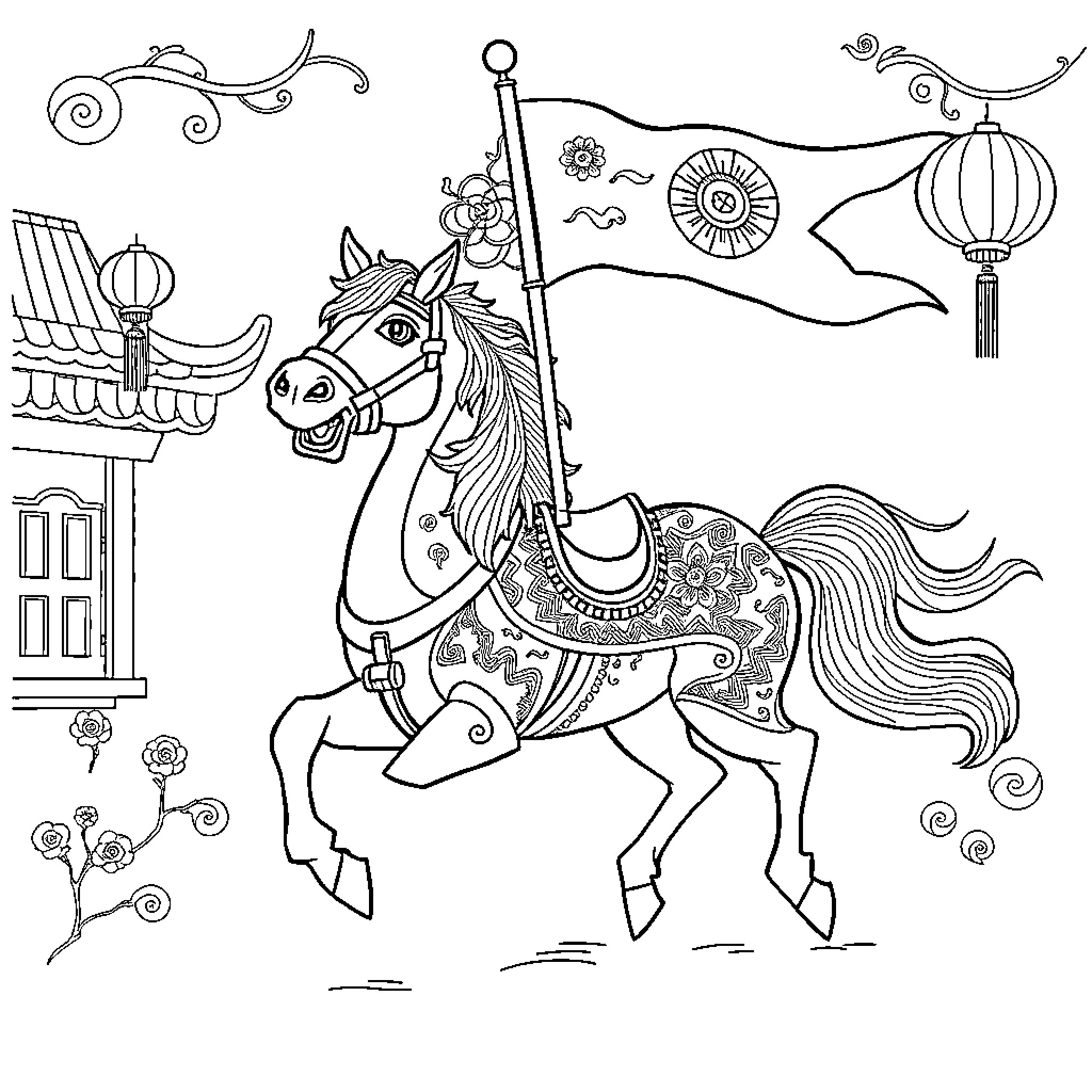 Horse in decorative regalia on a carousel ride Coloring Page (free black-and-white line drawing printable PDF for all, from beginners to advanced learners, including children, teens, adults, and seniors)