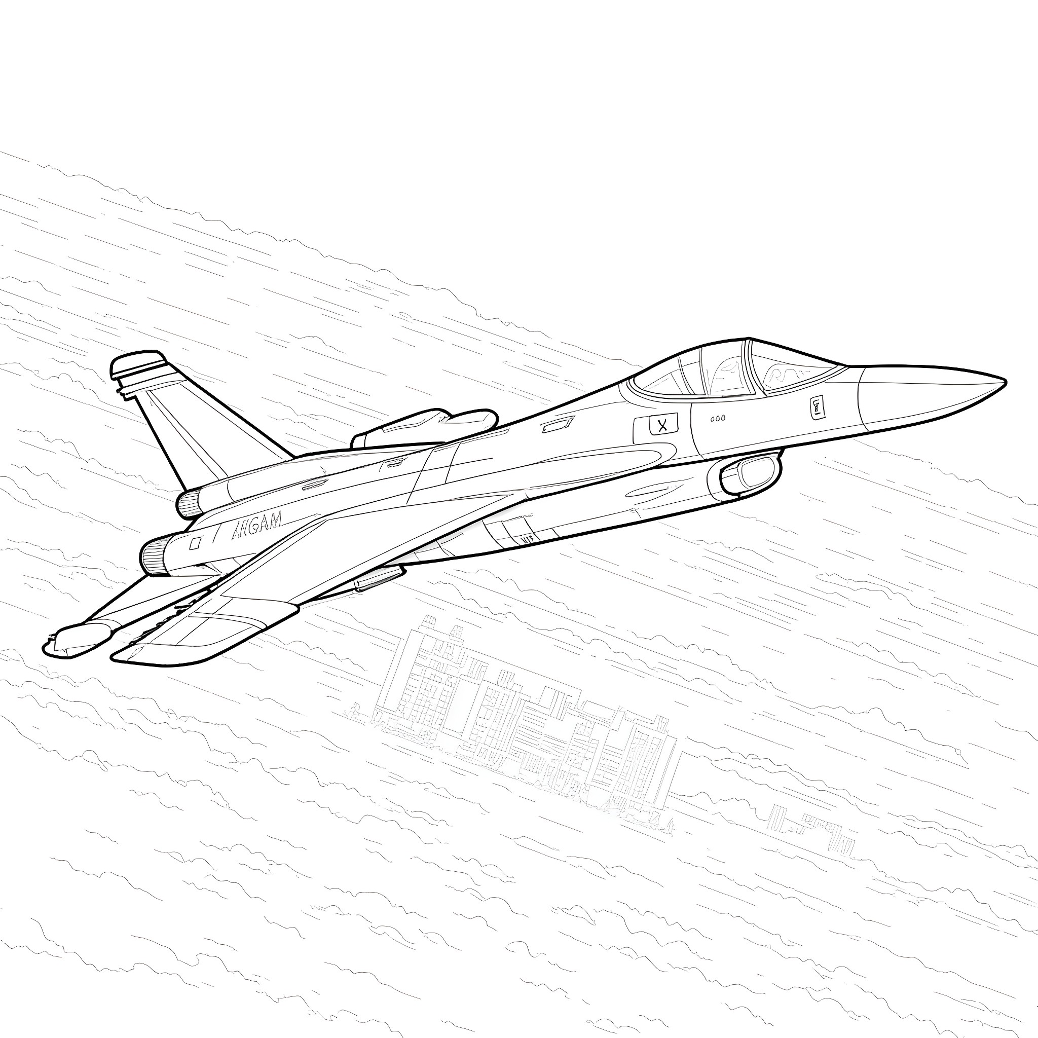 Fighter Jet in Powerful Flight Coloring Page (free black-and-white line drawing printable PDF for all, from beginners to advanced learners, including children, teens, adults, and seniors)