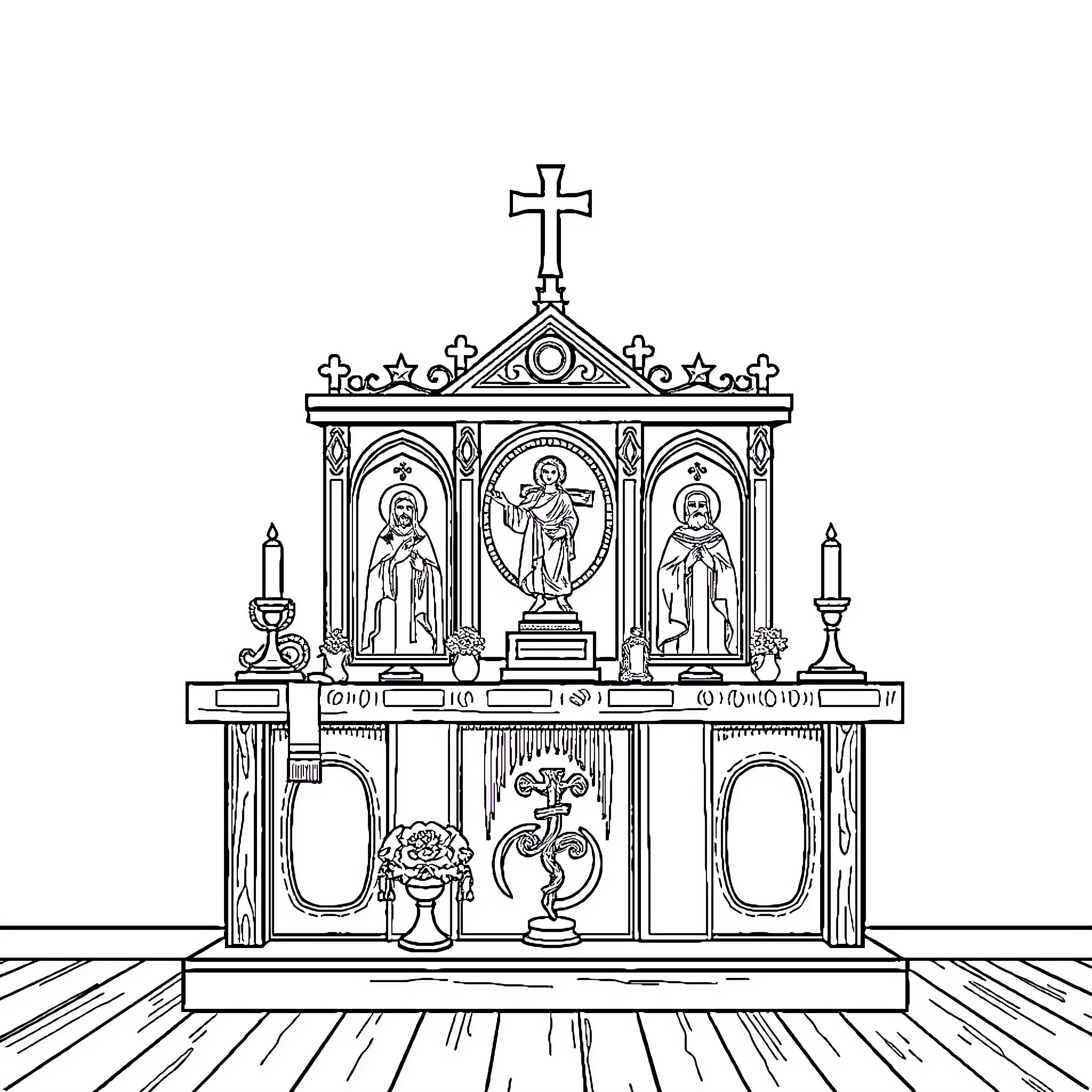 Symbol of Ornate Religious Altar Coloring Page (free black-and-white line drawing printable PDF for all, from beginners to advanced learners, including children, teens, adults, and seniors)