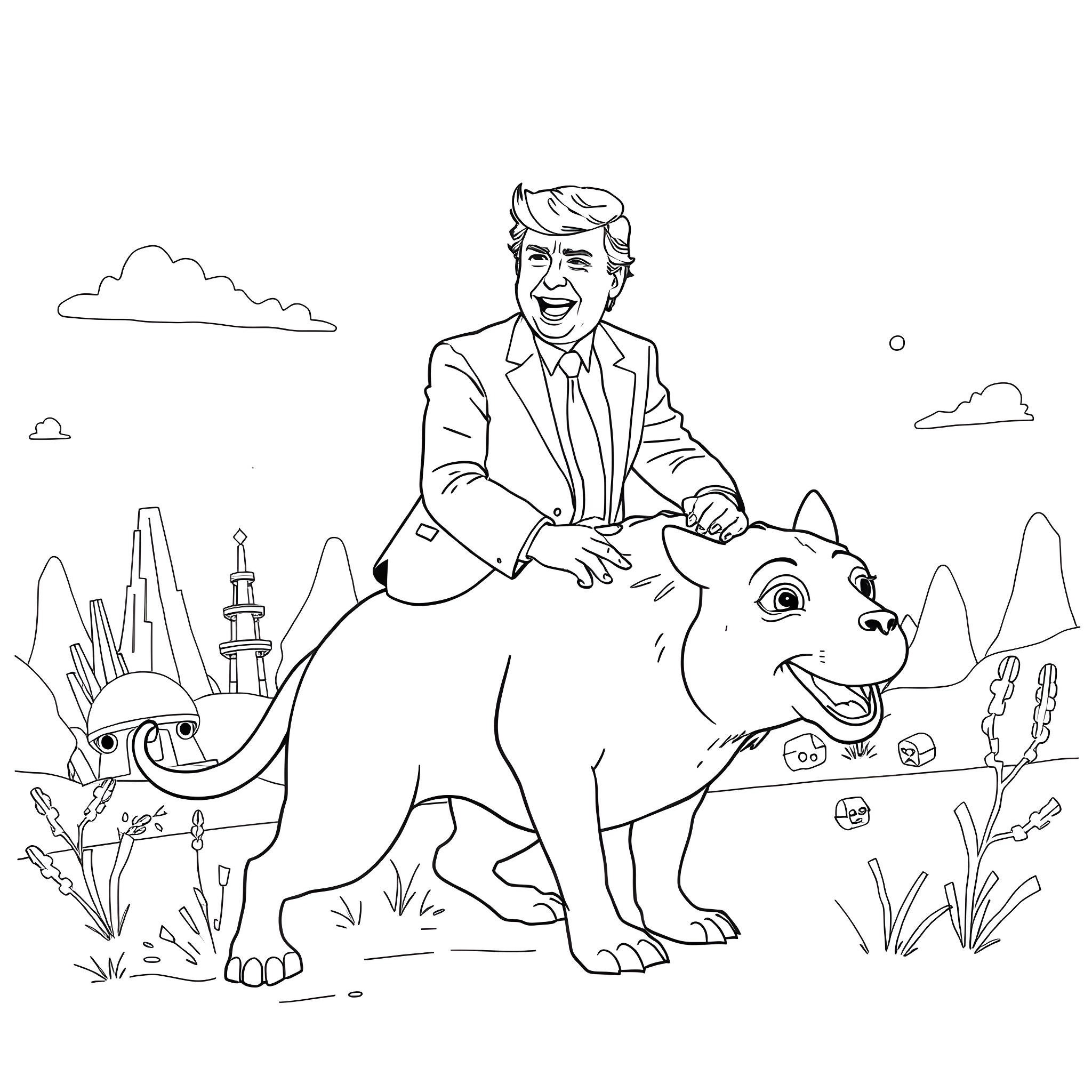Donald Trump riding a friendly rhino in the wild Coloring Page (free black-and-white line drawing printable PDF for all, from beginners to advanced learners, including children, teens, adults, and seniors)