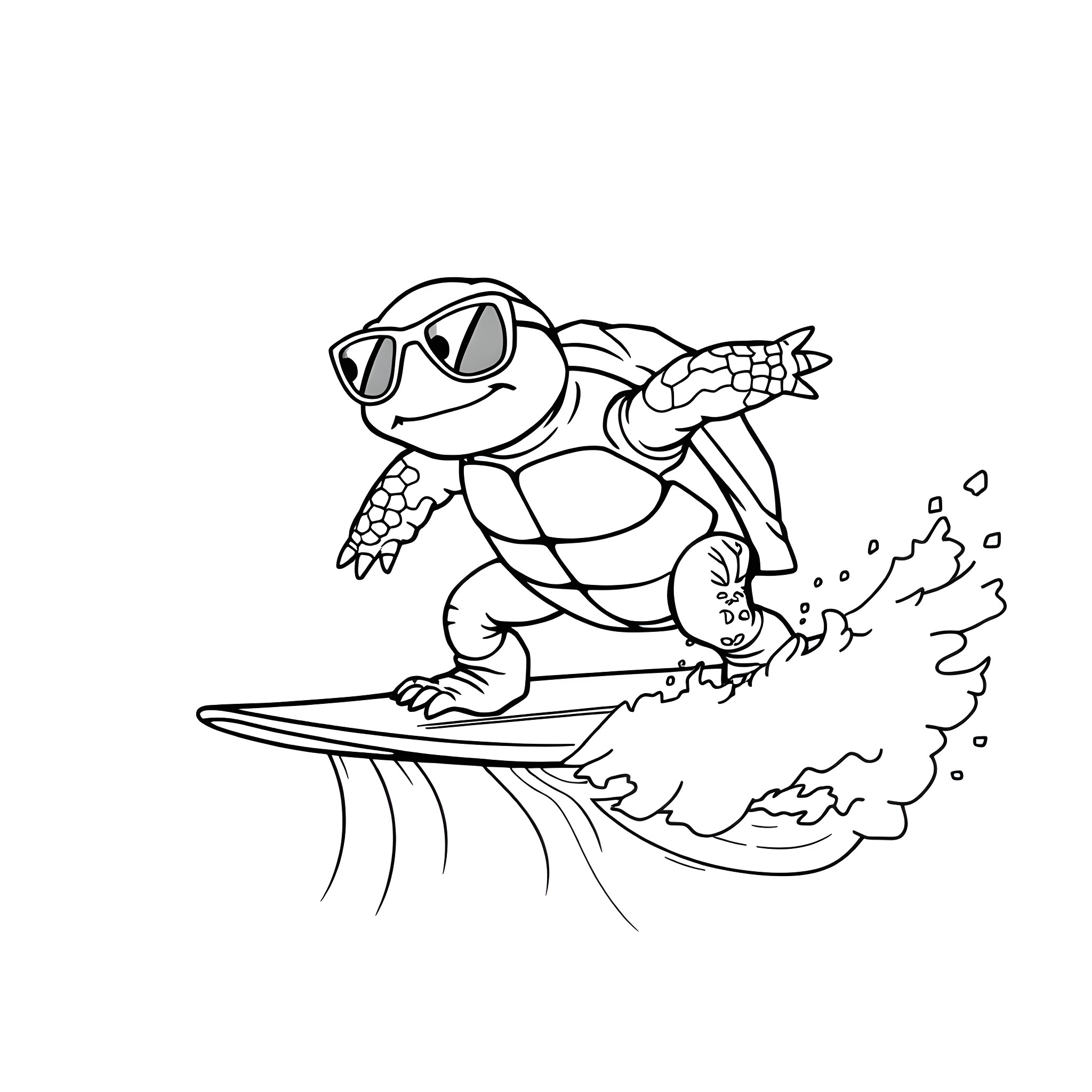 Turtle riding waves with sunglasses Coloring Page (free black-and-white line drawing printable PDF for all, from beginners to advanced learners, including children, teens, adults, and seniors)