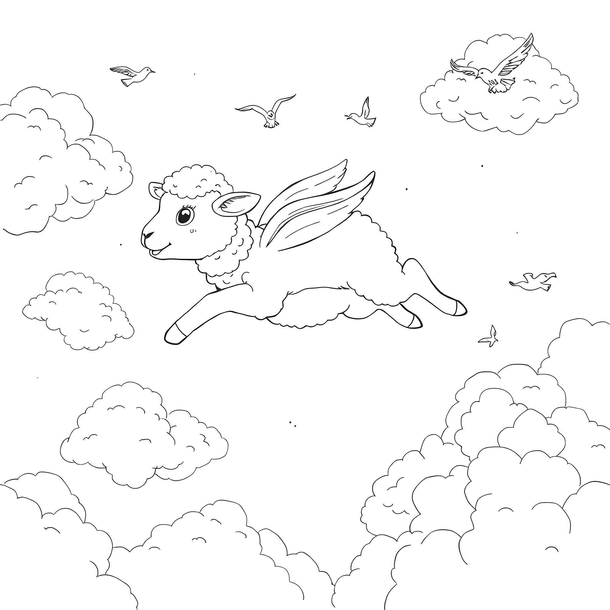 Lamb soaring among the clouds Coloring Page (free black-and-white line drawing printable PDF for all, from beginners to advanced learners, including children, teens, adults, and seniors)