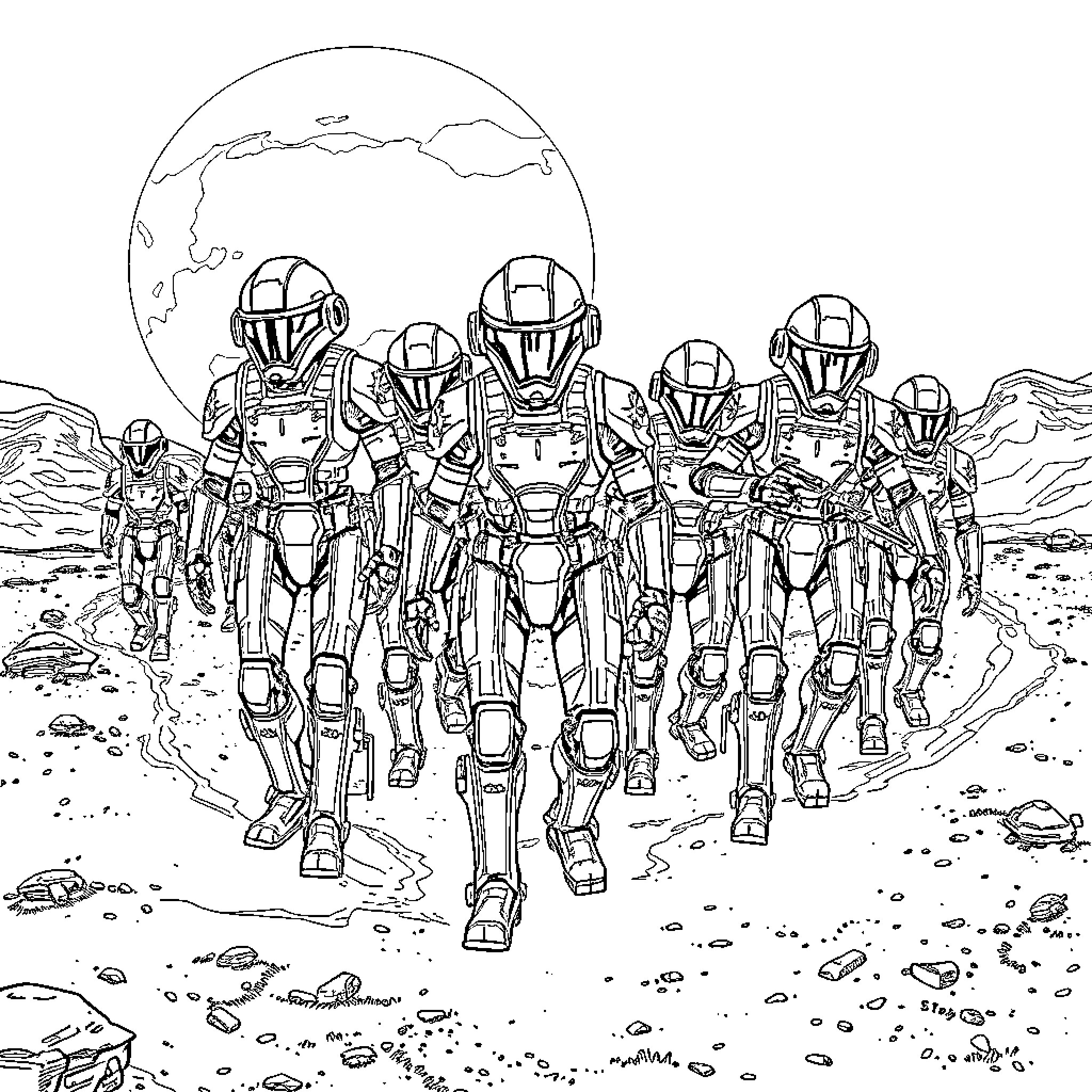 Robot soldiers on a space mission Coloring Page (free black-and-white line drawing printable PDF for all, from beginners to advanced learners, including children, teens, adults, and seniors)