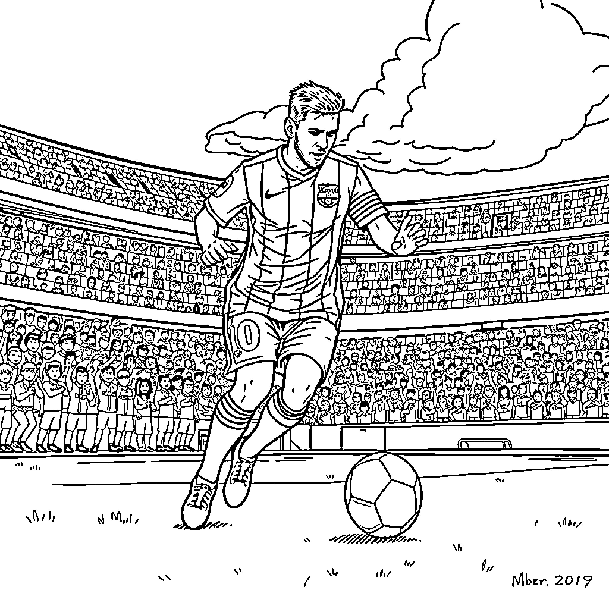 Messi displaying impressive soccer skills on the field Coloring Page (free black-and-white line drawing printable PDF for all, from beginners to advanced learners, including children, teens, adults, and seniors)