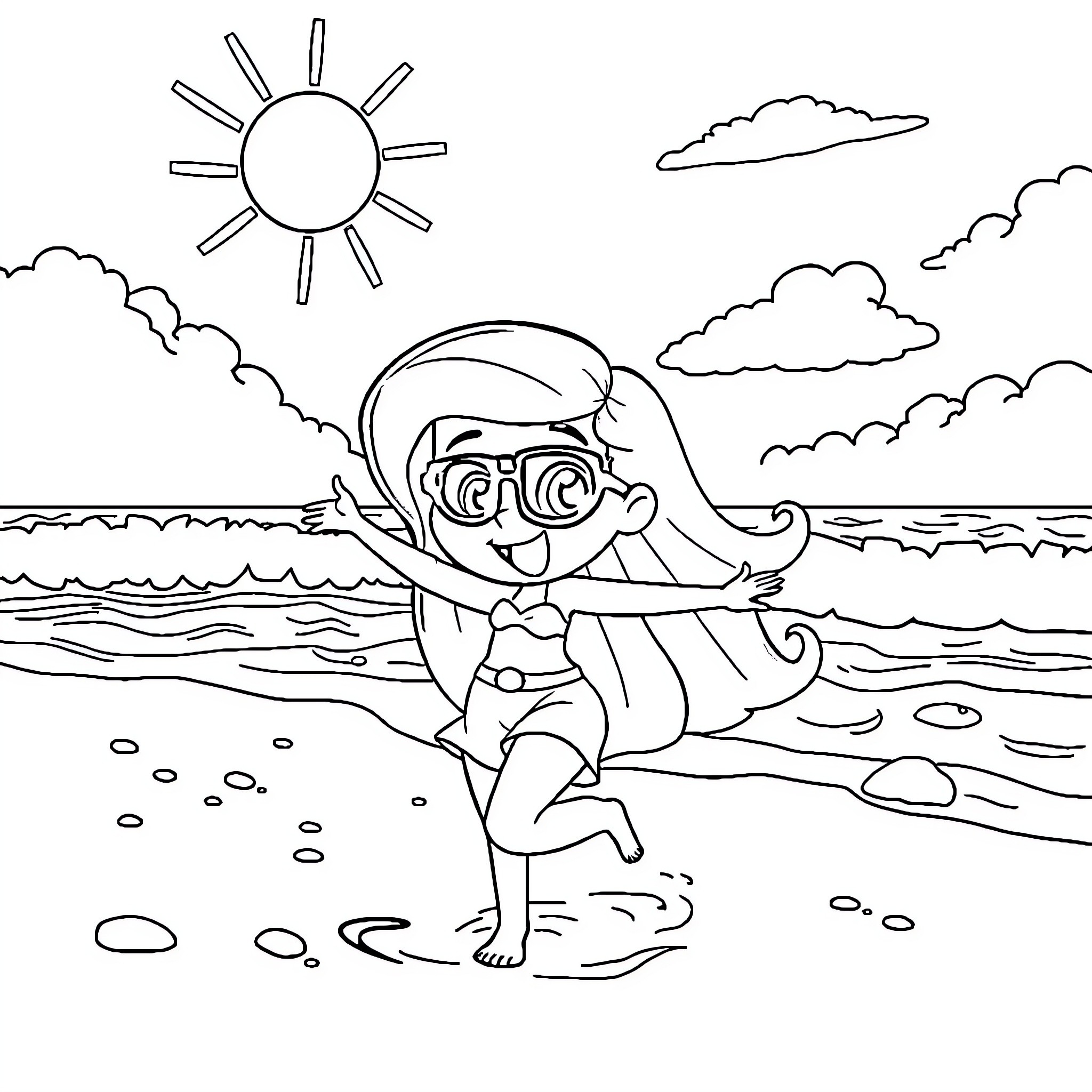 Kim Possible enjoying a sunny day at the beach Coloring Page (free black-and-white line drawing printable PDF for all, from beginners to advanced learners, including children, teens, adults, and seniors)