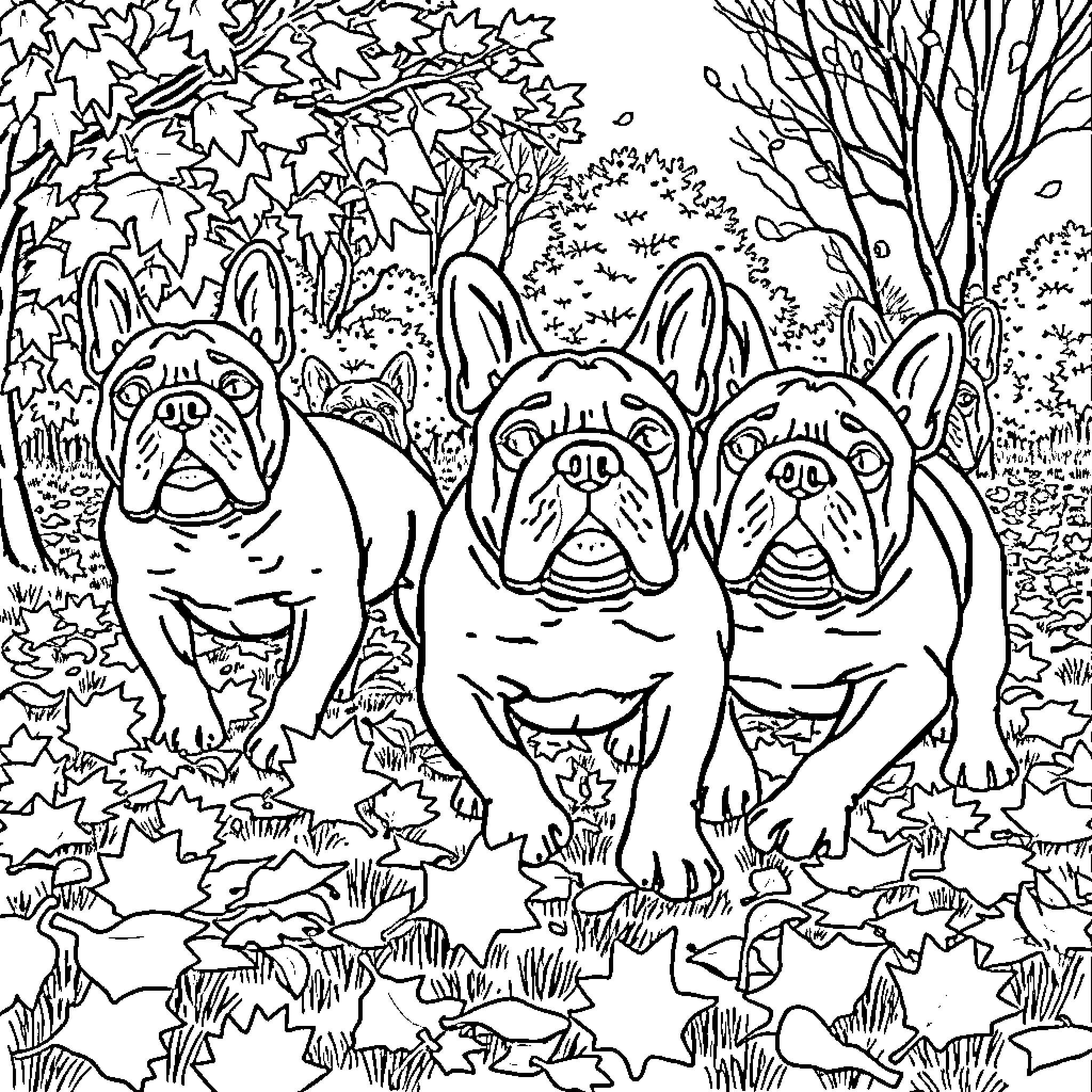 Bulldogs enjoying autumn leaves in the forest Coloring Page (free black-and-white line drawing printable PDF for all, from beginners to advanced learners, including children, teens, adults, and seniors)
