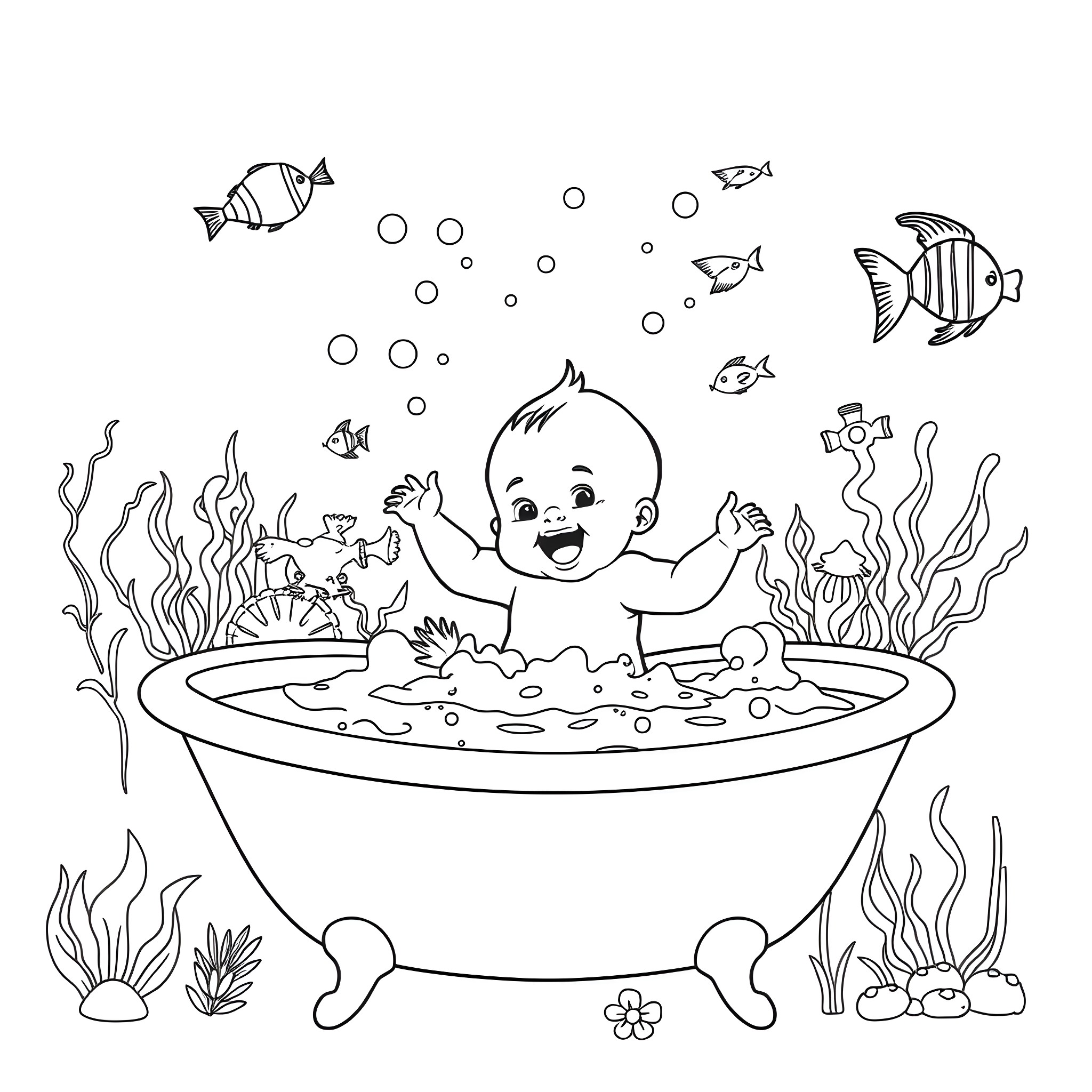 Baby Enjoying Bath Time with Underwater Creatures Coloring Page (free black-and-white line drawing printable PDF for all, from beginners to advanced learners, including children, teens, adults, and seniors)