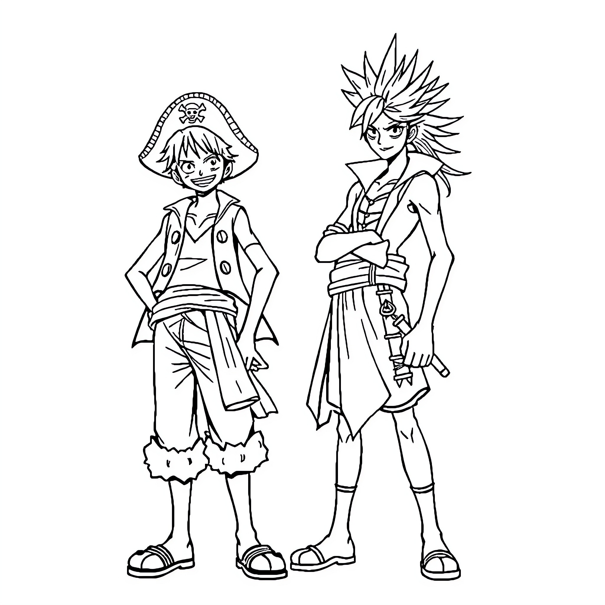 Monkey D Luffy in Pirate and Rebel Outfits Coloring Page (free black-and-white line drawing printable PDF for all, from beginners to advanced learners, including children, teens, adults, and seniors)