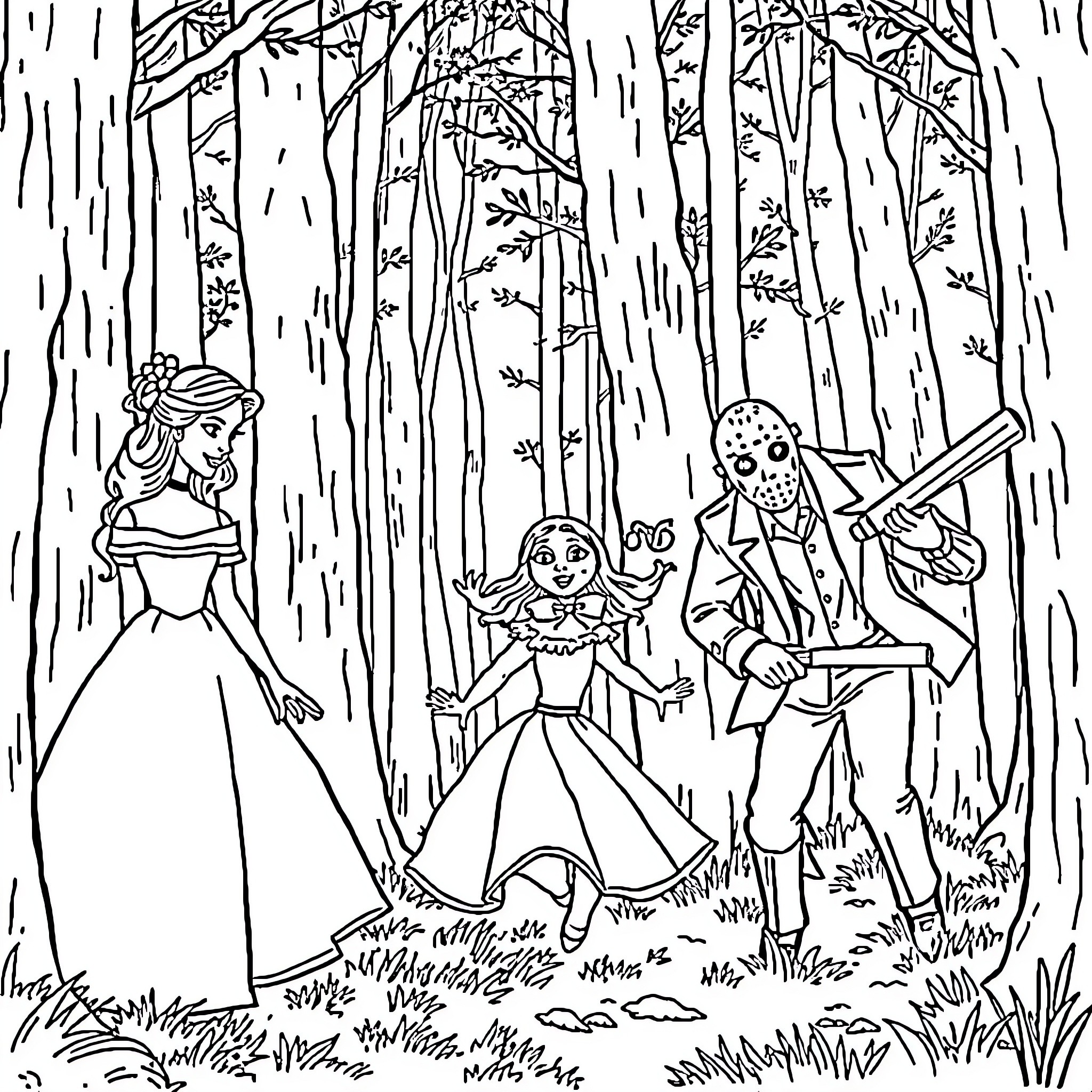 Belle's Woodland Adventure with Friends Coloring Page (free black-and-white line drawing printable PDF for all, from beginners to advanced learners, including children, teens, adults, and seniors)