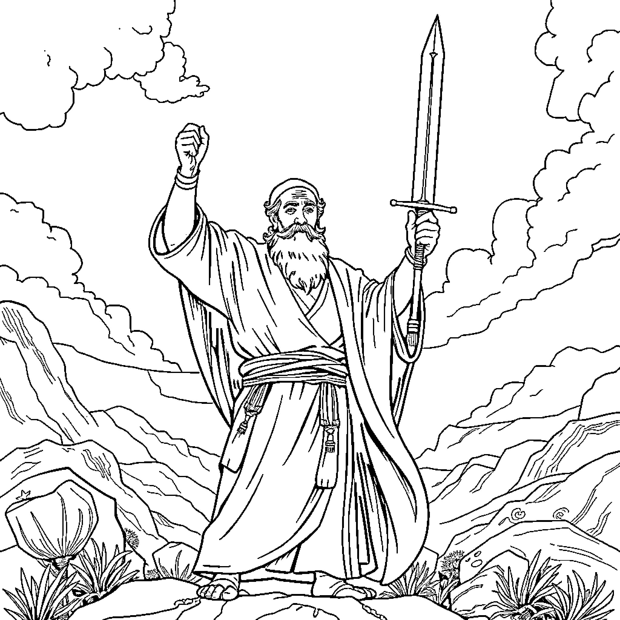 Rumi's Spiritual Journey Amidst Nature's Grandeur Coloring Page (free black-and-white line drawing printable PDF for all, from beginners to advanced learners, including children, teens, adults, and seniors)