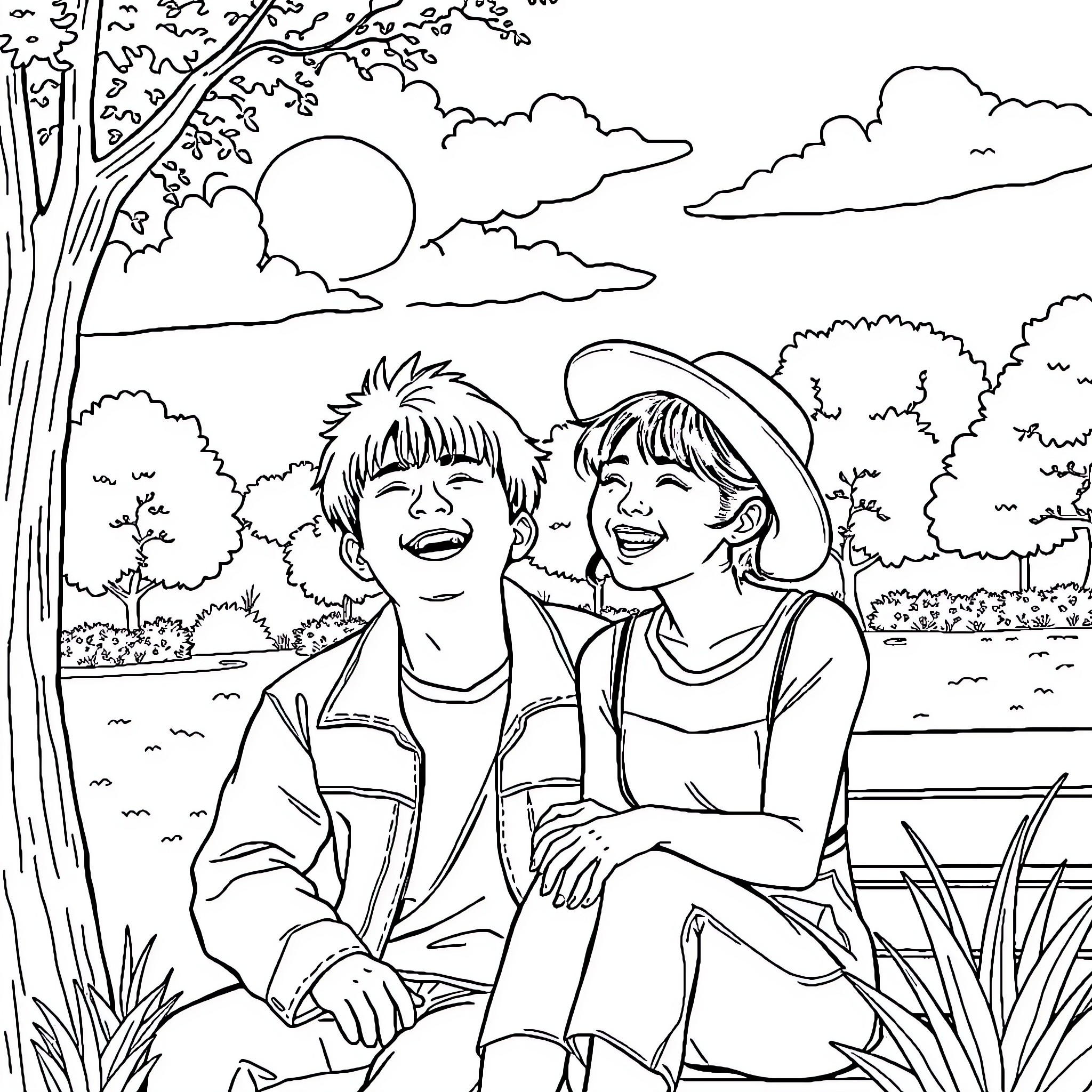 Jung Kook laughing happily with friend in nature Coloring Page (free black-and-white line drawing printable PDF for all, from beginners to advanced learners, including children, teens, adults, and seniors)