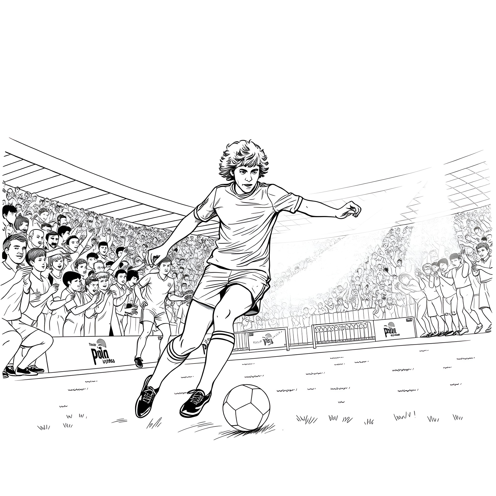 Phil Lynott playing soccer in front of cheering crowd Coloring Page (free black-and-white line drawing printable PDF for all, from beginners to advanced learners, including children, teens, adults, and seniors)
