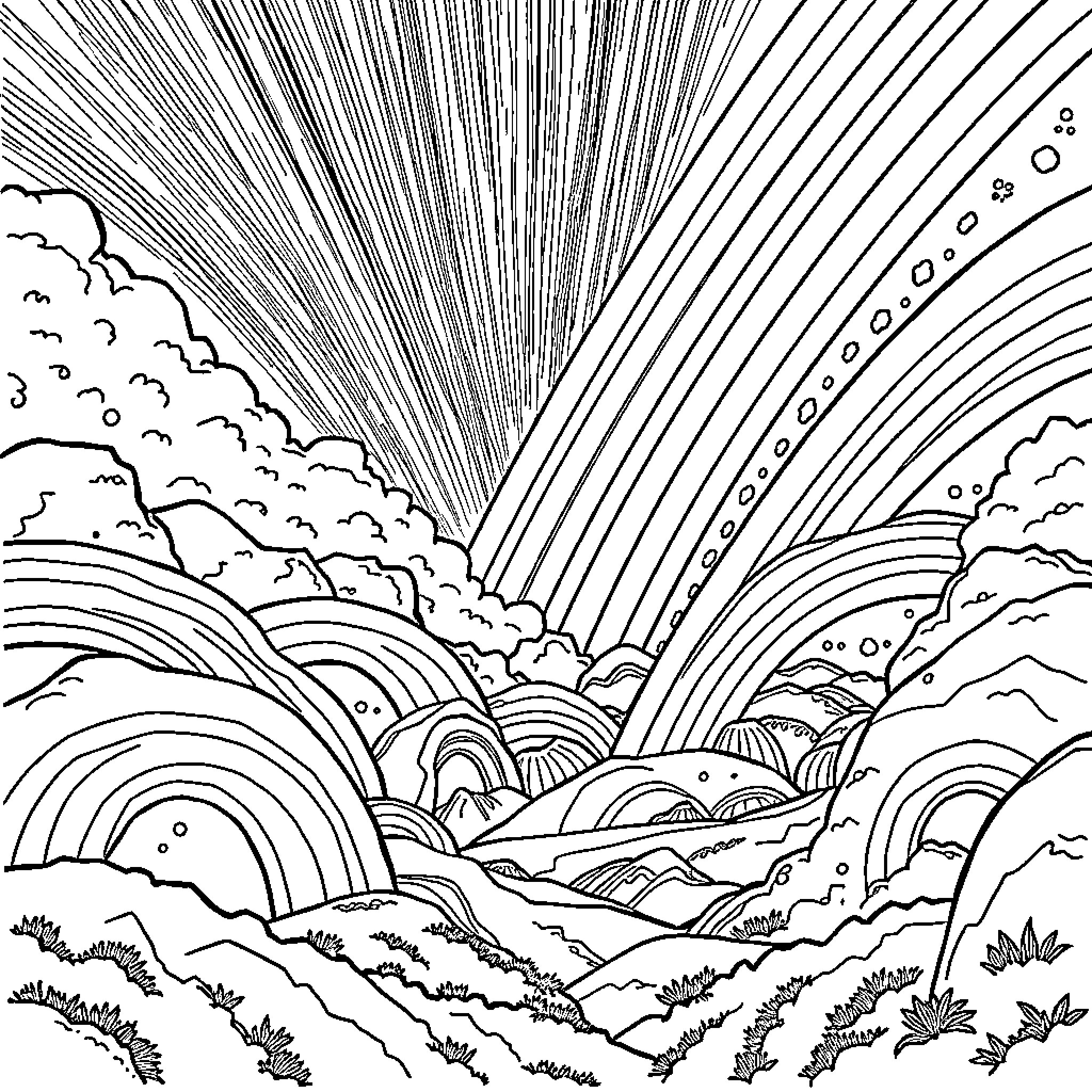 Rainbow Radiance in the Skies Coloring Page (free black-and-white line drawing printable PDF for all, from beginners to advanced learners, including children, teens, adults, and seniors)