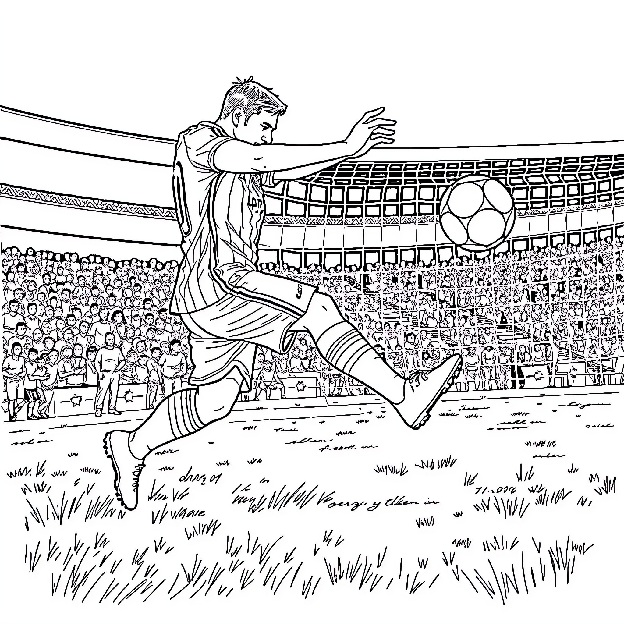 Lionel Messi celebrating a goal on the soccer field Coloring Page (free black-and-white line drawing printable PDF for all, from beginners to advanced learners, including children, teens, adults, and seniors)