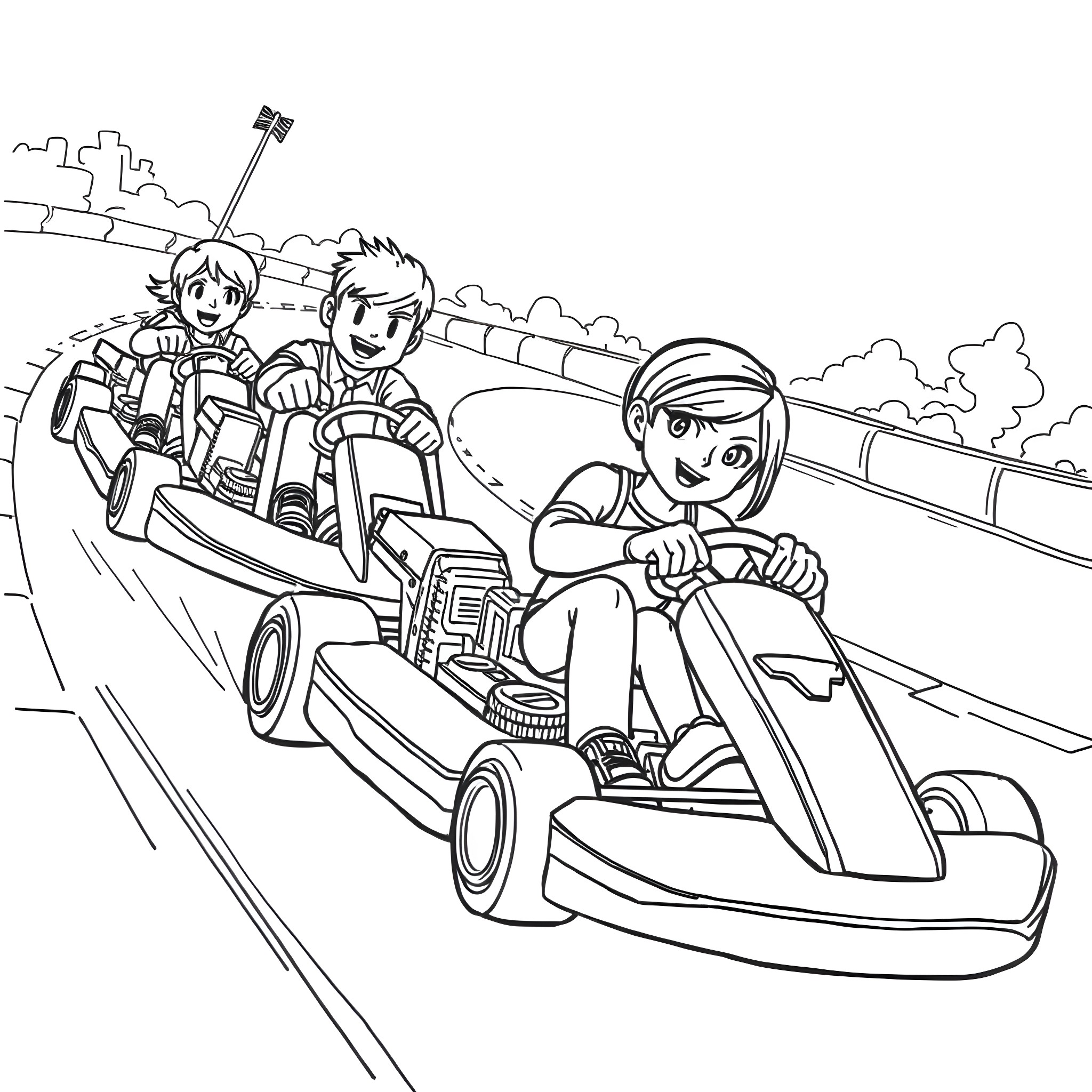 Go Kart Racers Speeding Down the Track Coloring Page (free black-and-white line drawing printable PDF for all, from beginners to advanced learners, including children, teens, adults, and seniors)