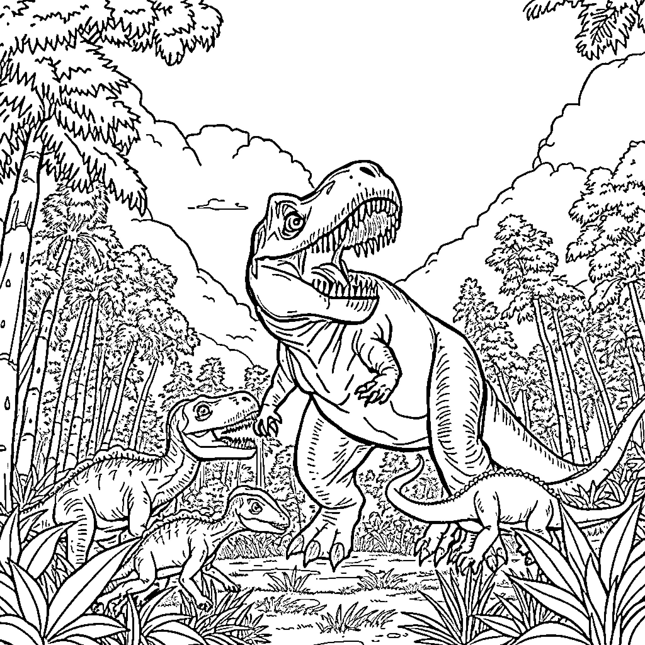 T-Rex Roaring Amidst Prehistoric Landscape Coloring Page (free black-and-white line drawing printable PDF for all, from beginners to advanced learners, including children, teens, adults, and seniors)