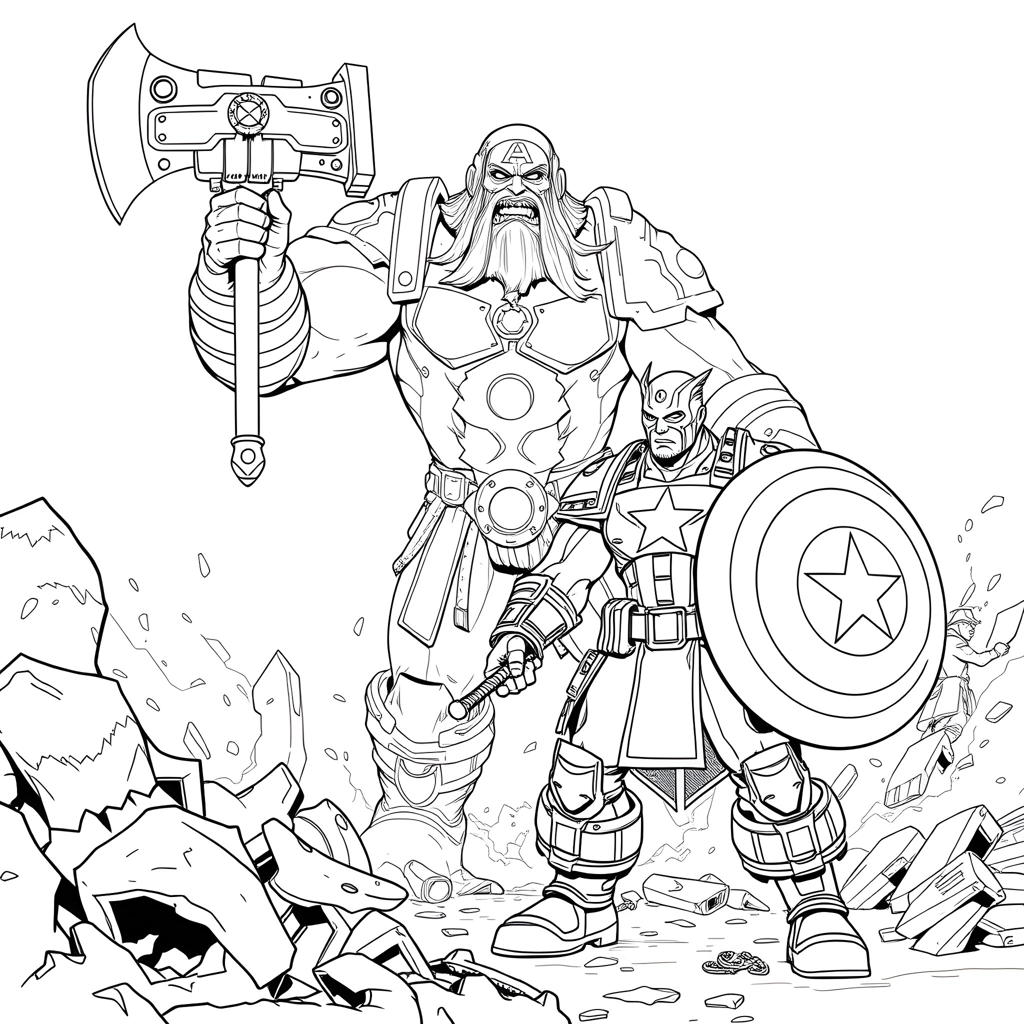 Garrosh Hellscream leading a charge with his mighty axe and armor Coloring Page (free black-and-white line drawing printable PDF for all, from beginners to advanced learners, including children, teens, adults, and seniors)