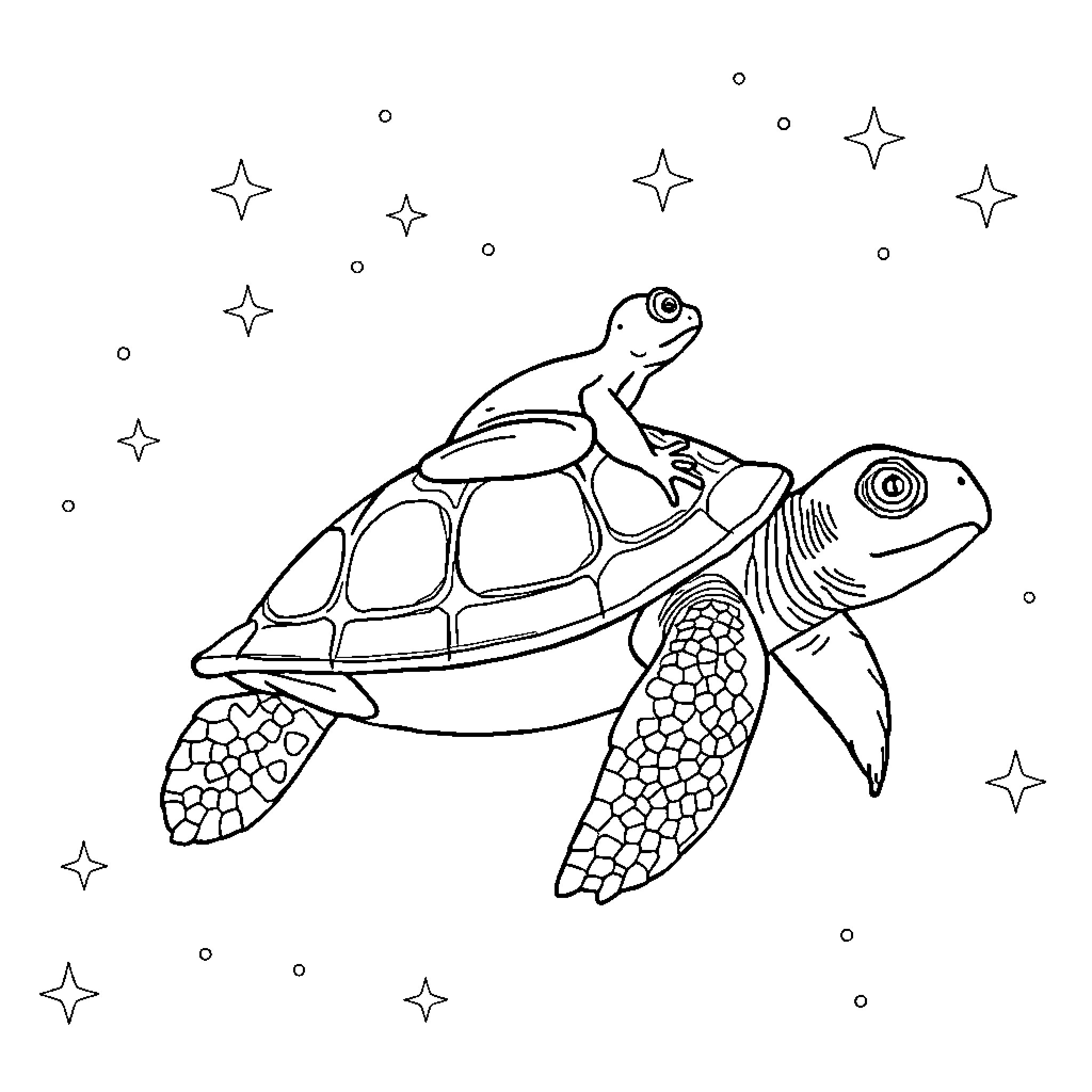 Frog riding a turtle under the stars Coloring Page (free black-and-white line drawing printable PDF for all, from beginners to advanced learners, including children, teens, adults, and seniors)
