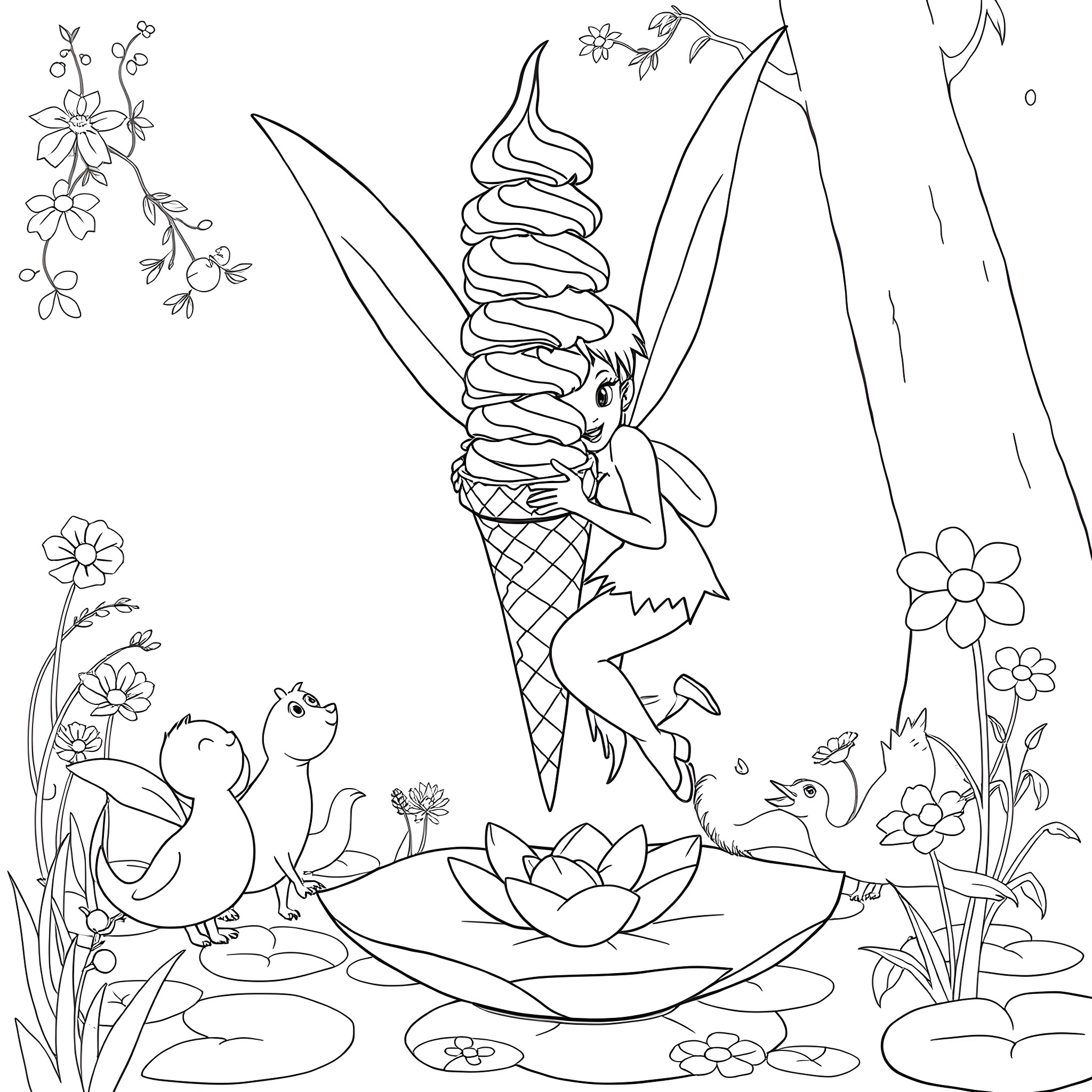 Tinkerbell dancing joyfully in a fantastical garden Coloring Page (free black-and-white line drawing printable PDF for all, from beginners to advanced learners, including children, teens, adults, and seniors)
