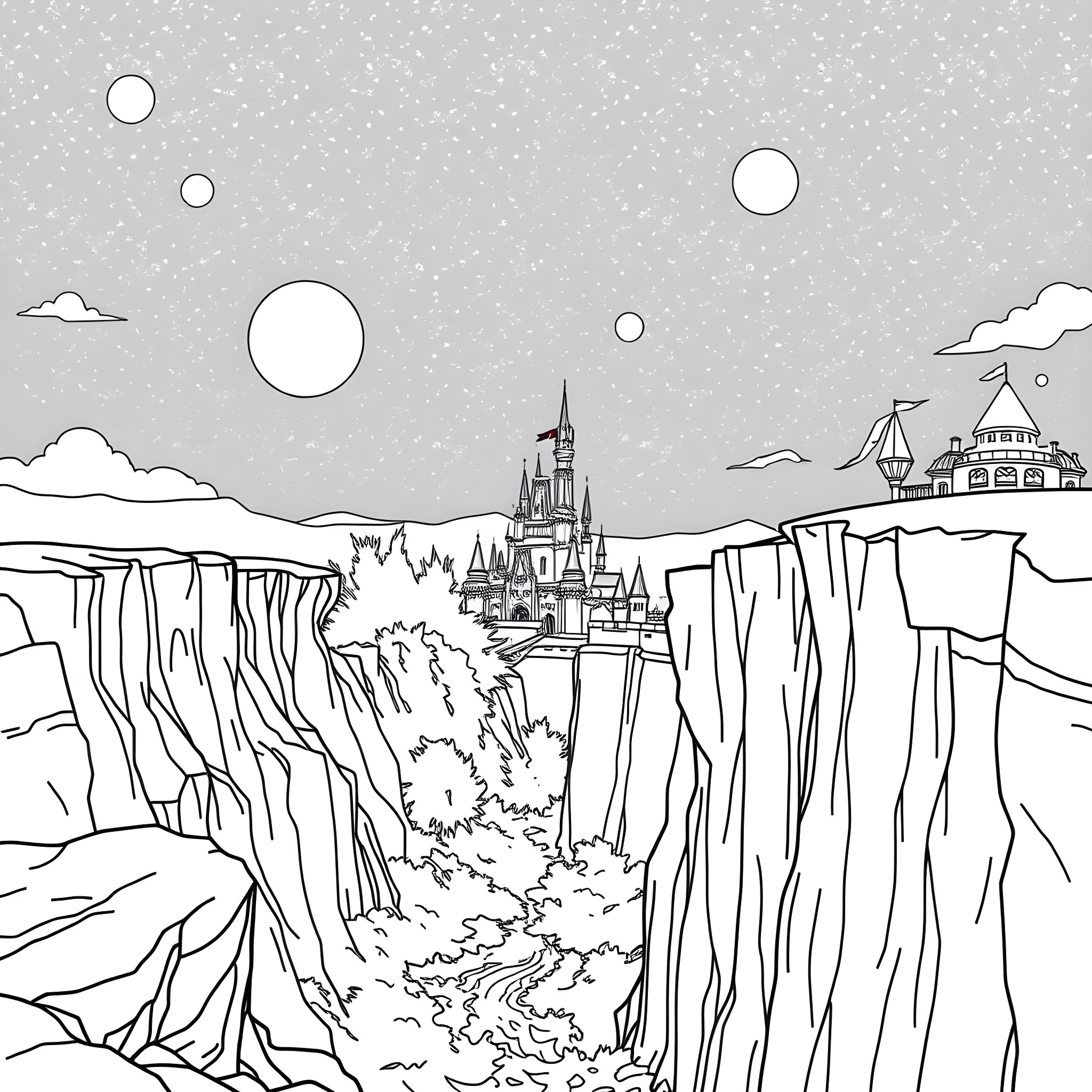 Disneyland Castle amidst Snowy Cliffs and Mountains Coloring Page (free black-and-white line drawing printable PDF for all, from beginners to advanced learners, including children, teens, adults, and seniors)
