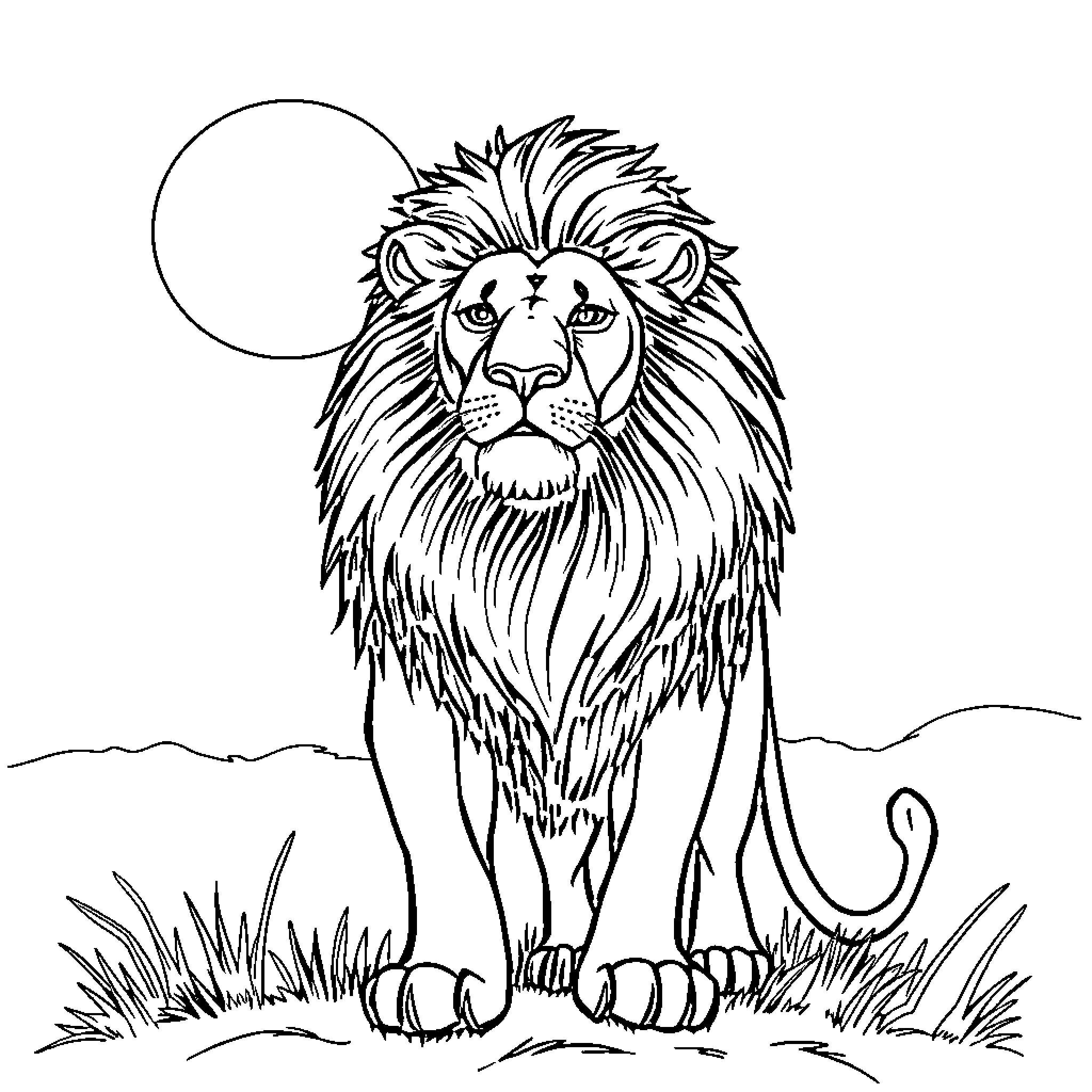 Lion standing majestically in the wilderness Coloring Page (free black-and-white line drawing printable PDF for all, from beginners to advanced learners, including children, teens, adults, and seniors)