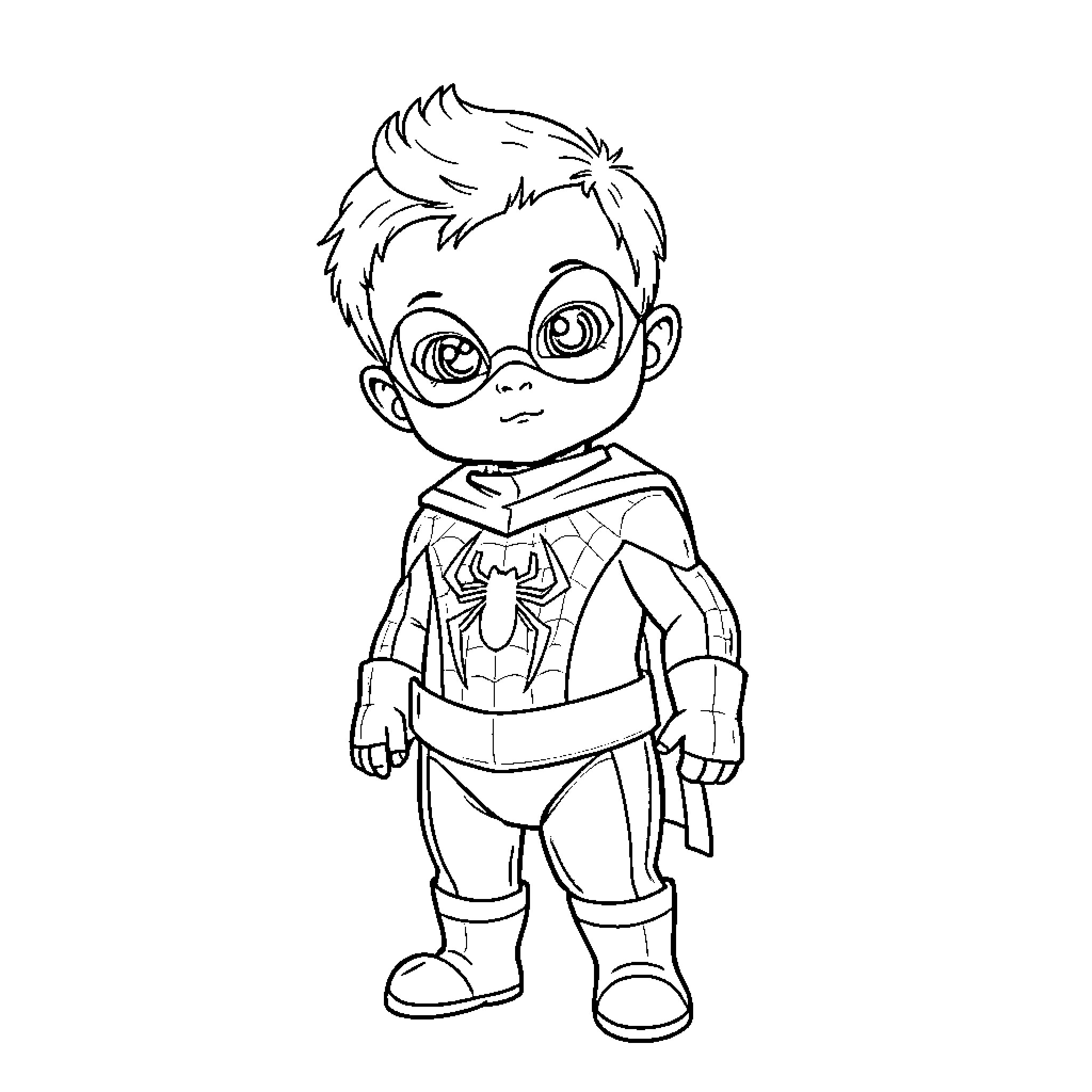 Spiderman kid in superhero costume Coloring Page (free black-and-white line drawing printable PDF for all, from beginners to advanced learners, including children, teens, adults, and seniors)