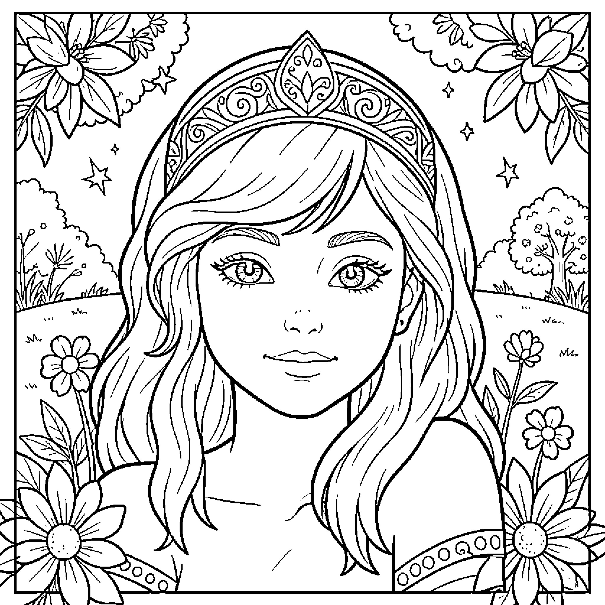 Picture of a princess wearing a crown in a garden Coloring Page (free black-and-white line drawing printable PDF for all, from beginners to advanced learners, including children, teens, adults, and seniors)