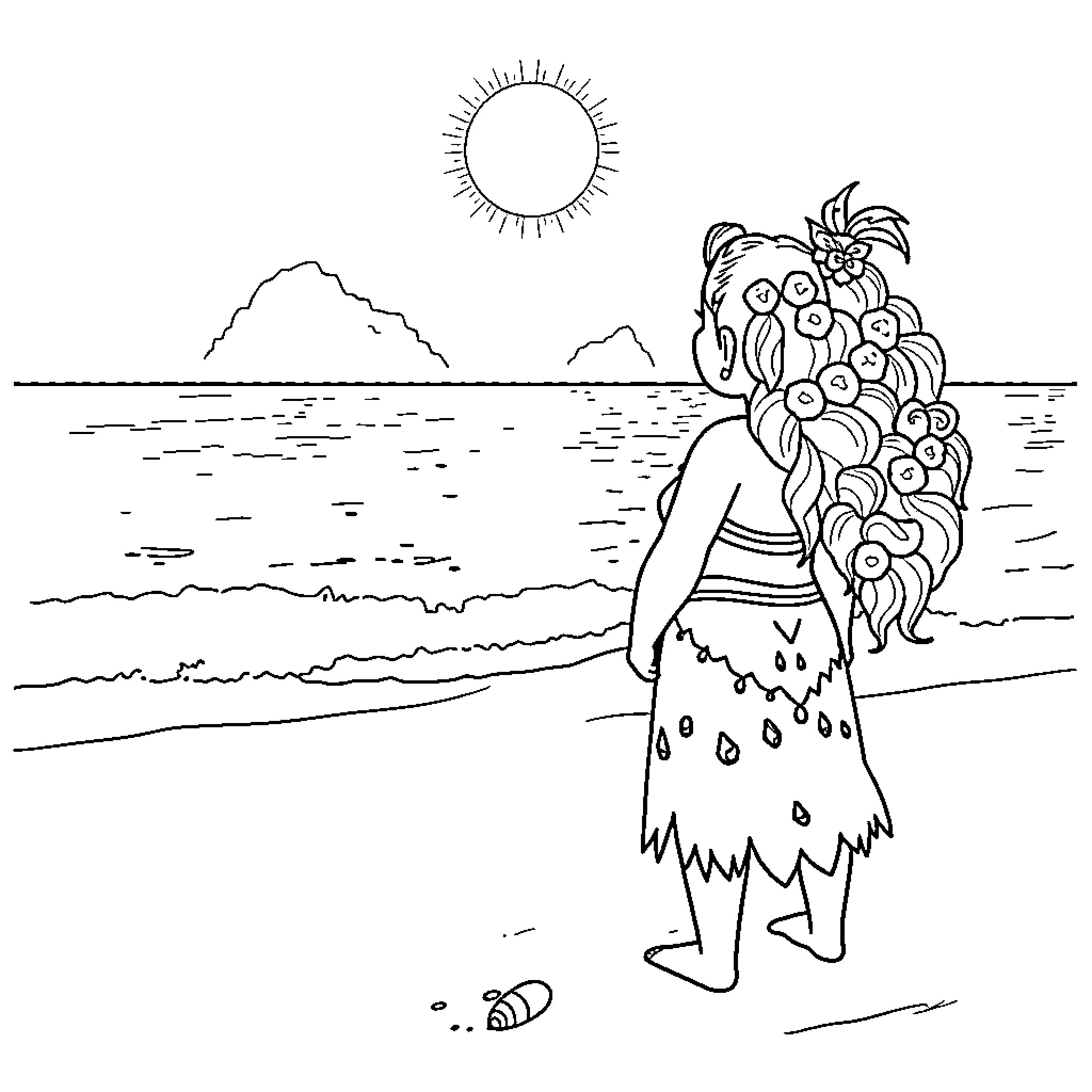 Moana exploring the island paradise Coloring Page (free black-and-white line drawing printable PDF for all, from beginners to advanced learners, including children, teens, adults, and seniors)