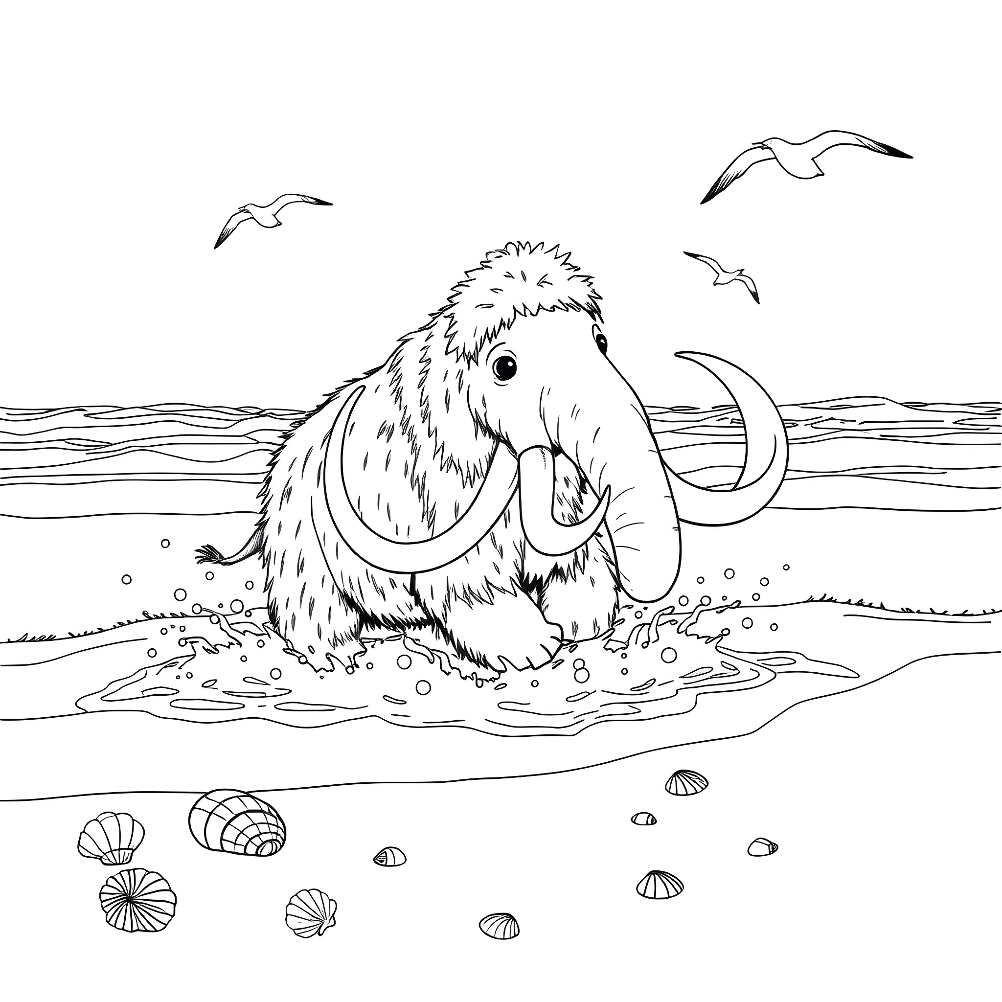 Woolly Mammoth wading in the sea with seagulls Coloring Page (free black-and-white line drawing printable PDF for all, from beginners to advanced learners, including children, teens, adults, and seniors)