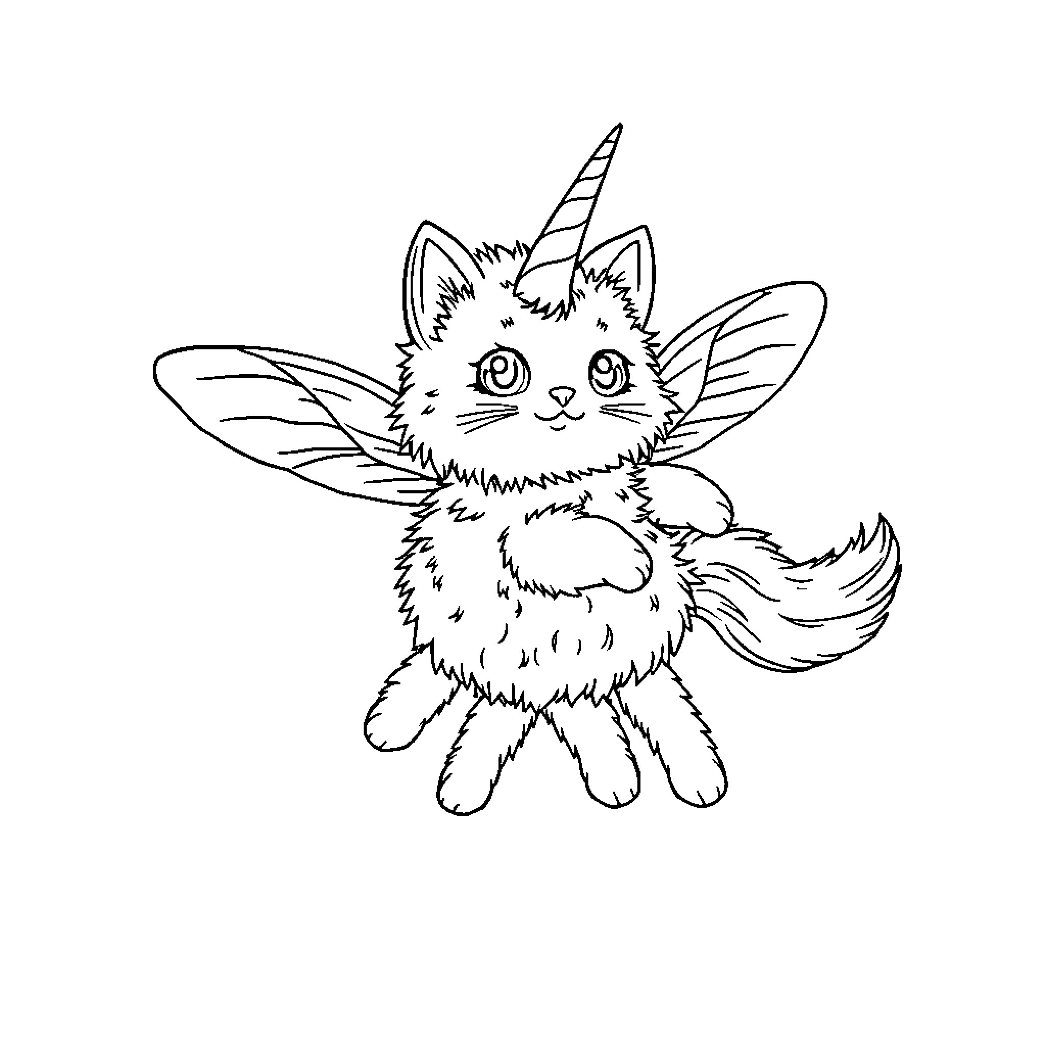 Kitty with magical unicorn horn and wings Coloring Page (free black-and-white line drawing printable PDF for all, from beginners to advanced learners, including children, teens, adults, and seniors)
