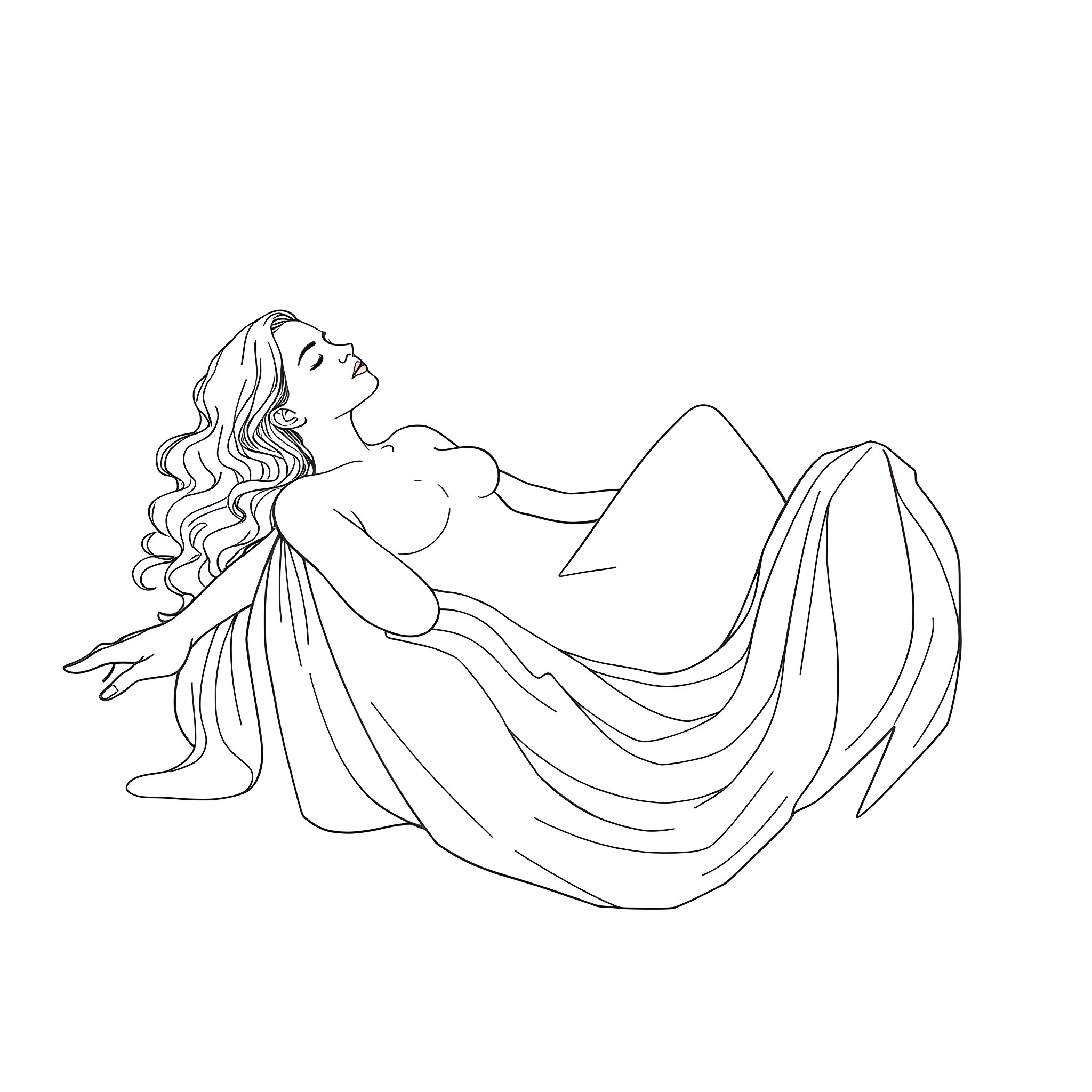 Woman reclining in flowing dress against mountain backdrop Coloring Page (free black-and-white line drawing printable PDF for all, from beginners to advanced learners, including children, teens, adults, and seniors)