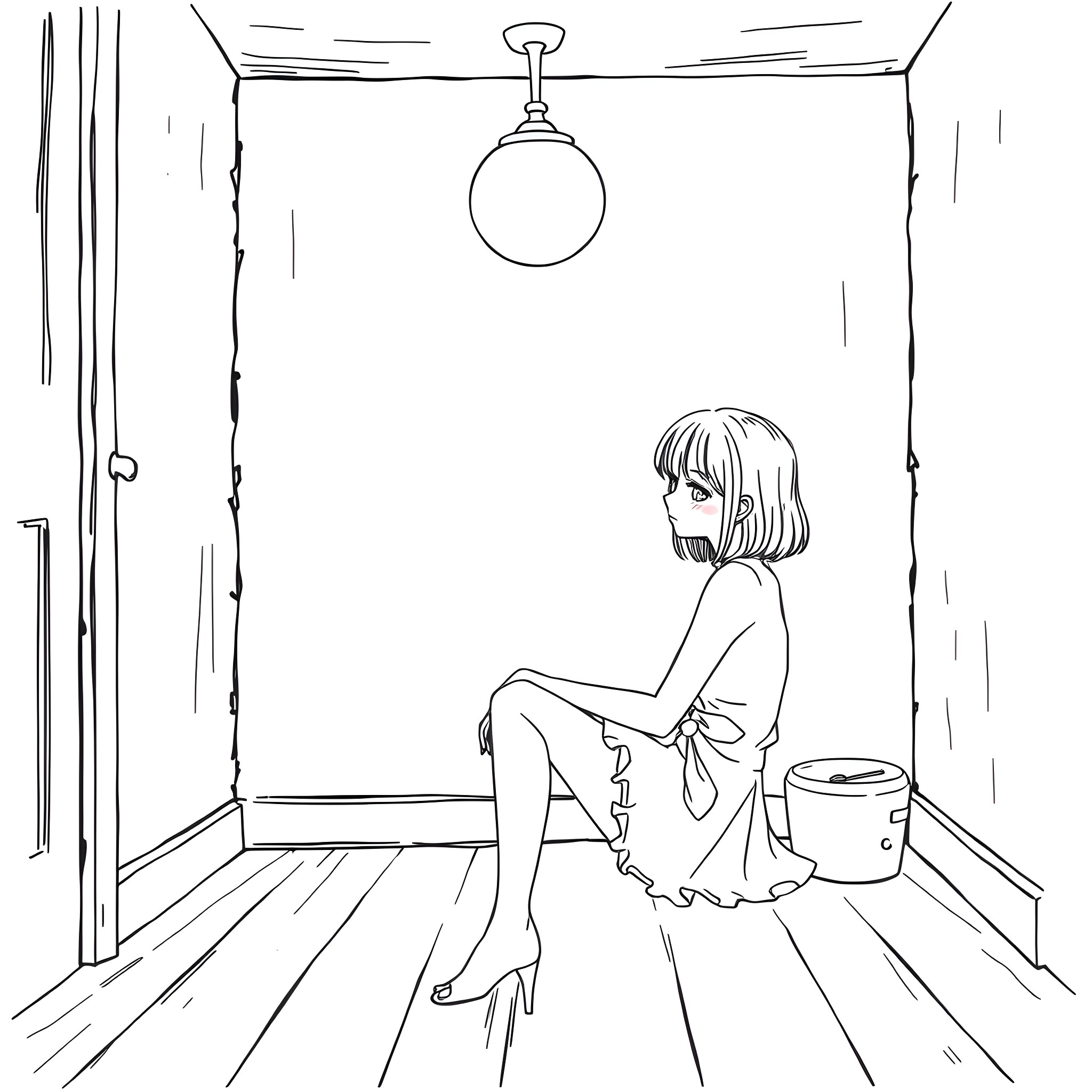 Girl sitting alone in a dimly lit room Coloring Page (free black-and-white line drawing printable PDF for all, from beginners to advanced learners, including children, teens, adults, and seniors)