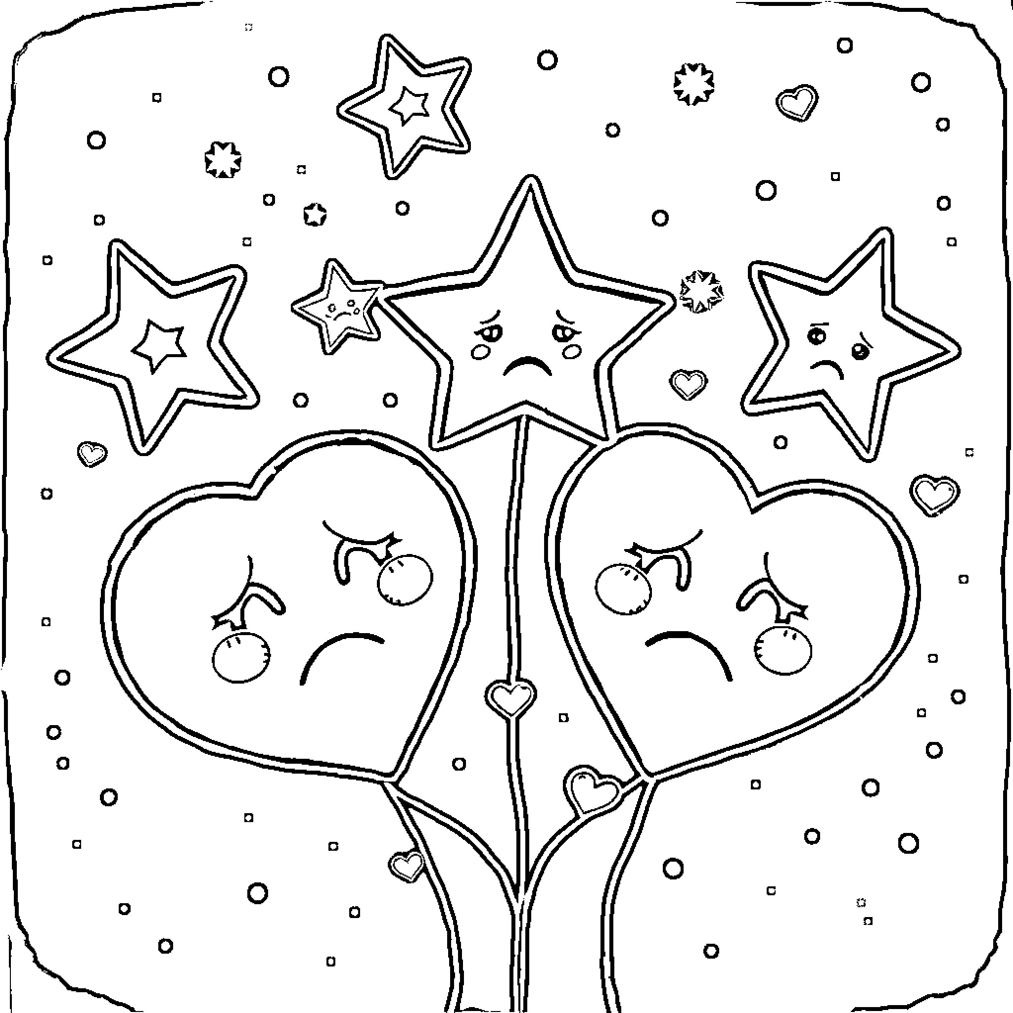 Star-shaped characters with hearts and stars Coloring Page (free black-and-white line drawing printable PDF for all, from beginners to advanced learners, including children, teens, adults, and seniors)