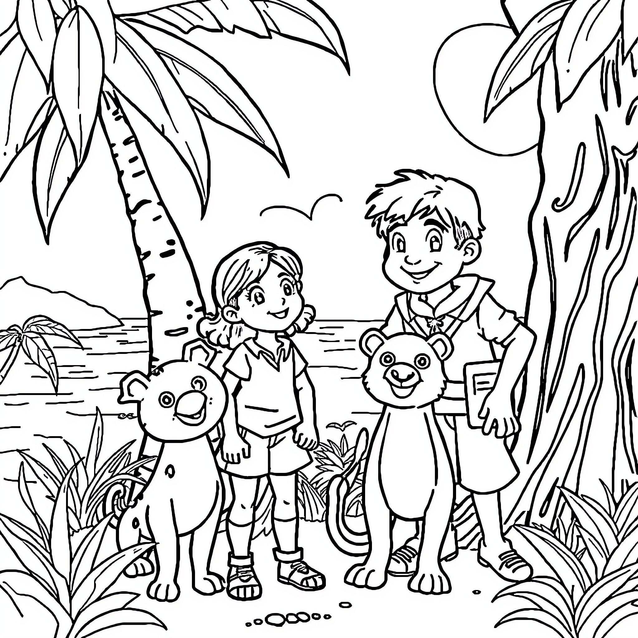 Nim Island: Children exploring the tropical island with their animal friends Coloring Page (free black-and-white line drawing printable PDF for all, from beginners to advanced learners, including children, teens, adults, and seniors)