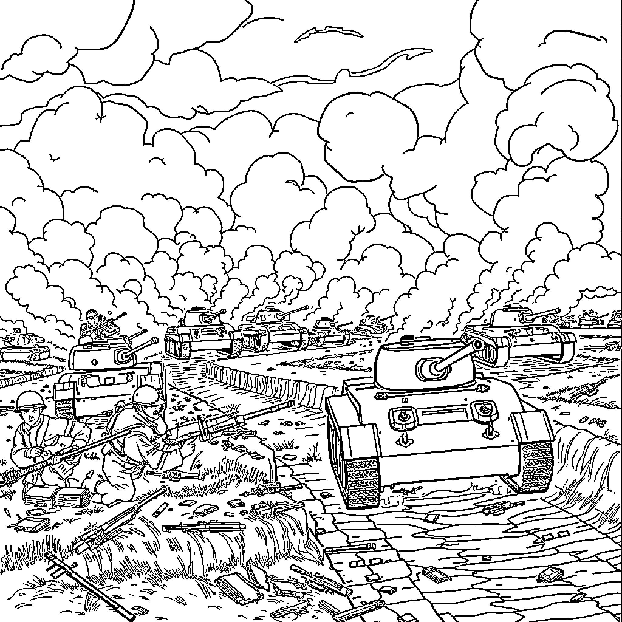 Battlefield of Tanks and Soldiers in Combat Coloring Page (free black-and-white line drawing printable PDF for all, from beginners to advanced learners, including children, teens, adults, and seniors)