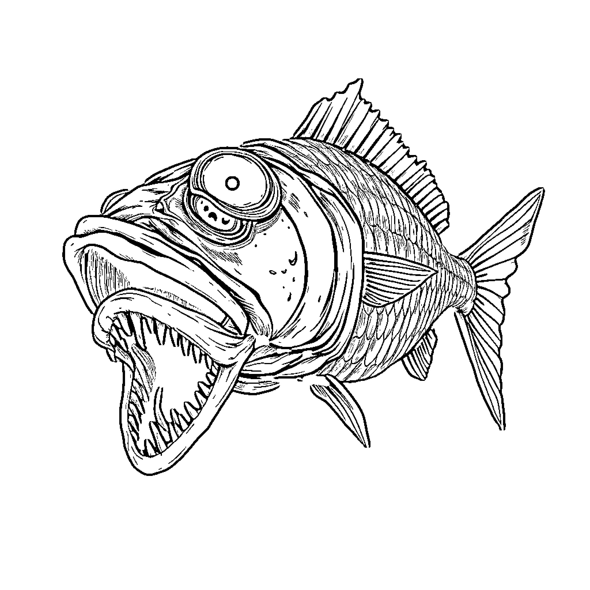Zombie Mackerel with Sharp Teeth and Menacing Expression Coloring Page (free black-and-white line drawing printable PDF for all, from beginners to advanced learners, including children, teens, adults, and seniors)