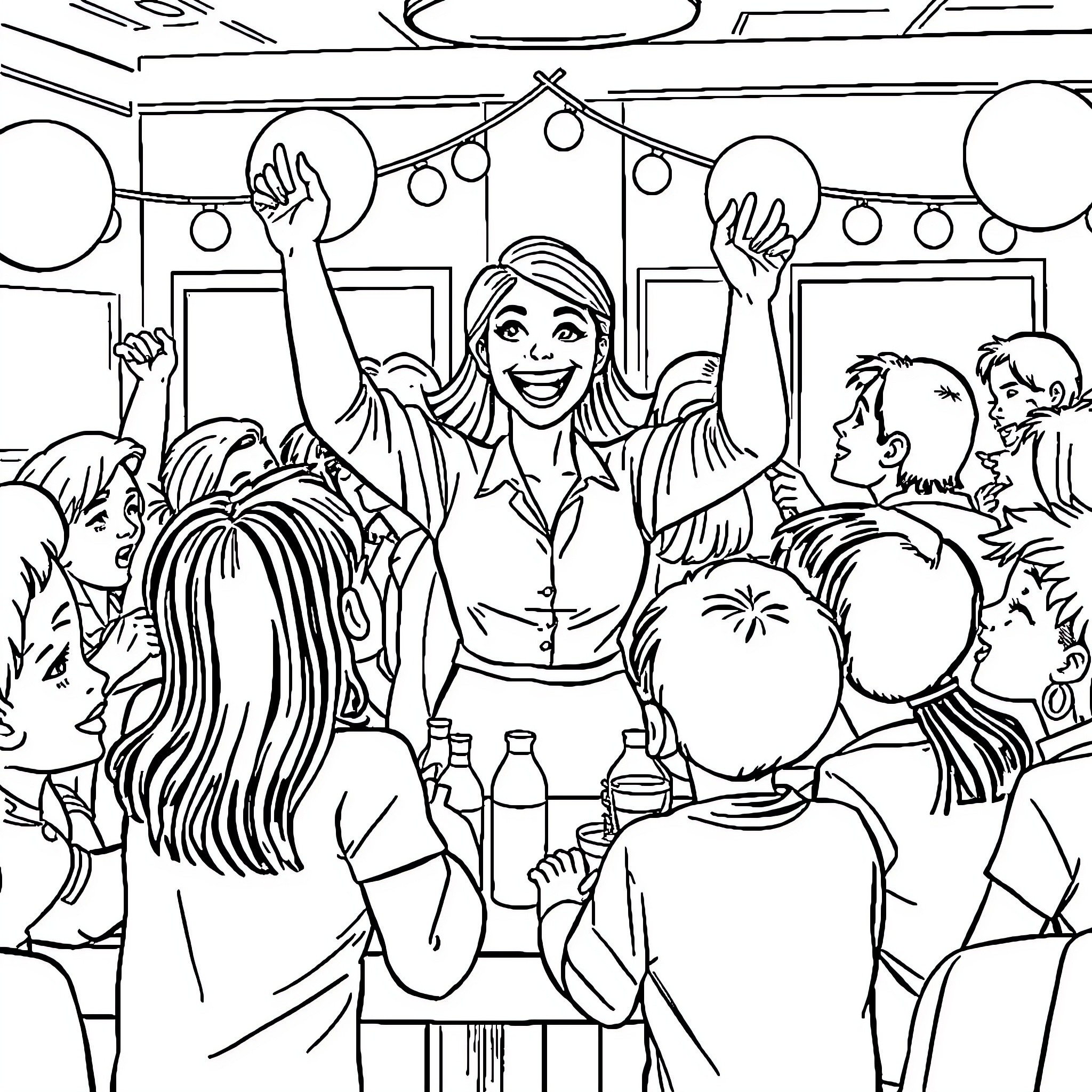 Teacher Celebrating with Students in Classroom Coloring Page (free black-and-white line drawing printable PDF for all, from beginners to advanced learners, including children, teens, adults, and seniors)