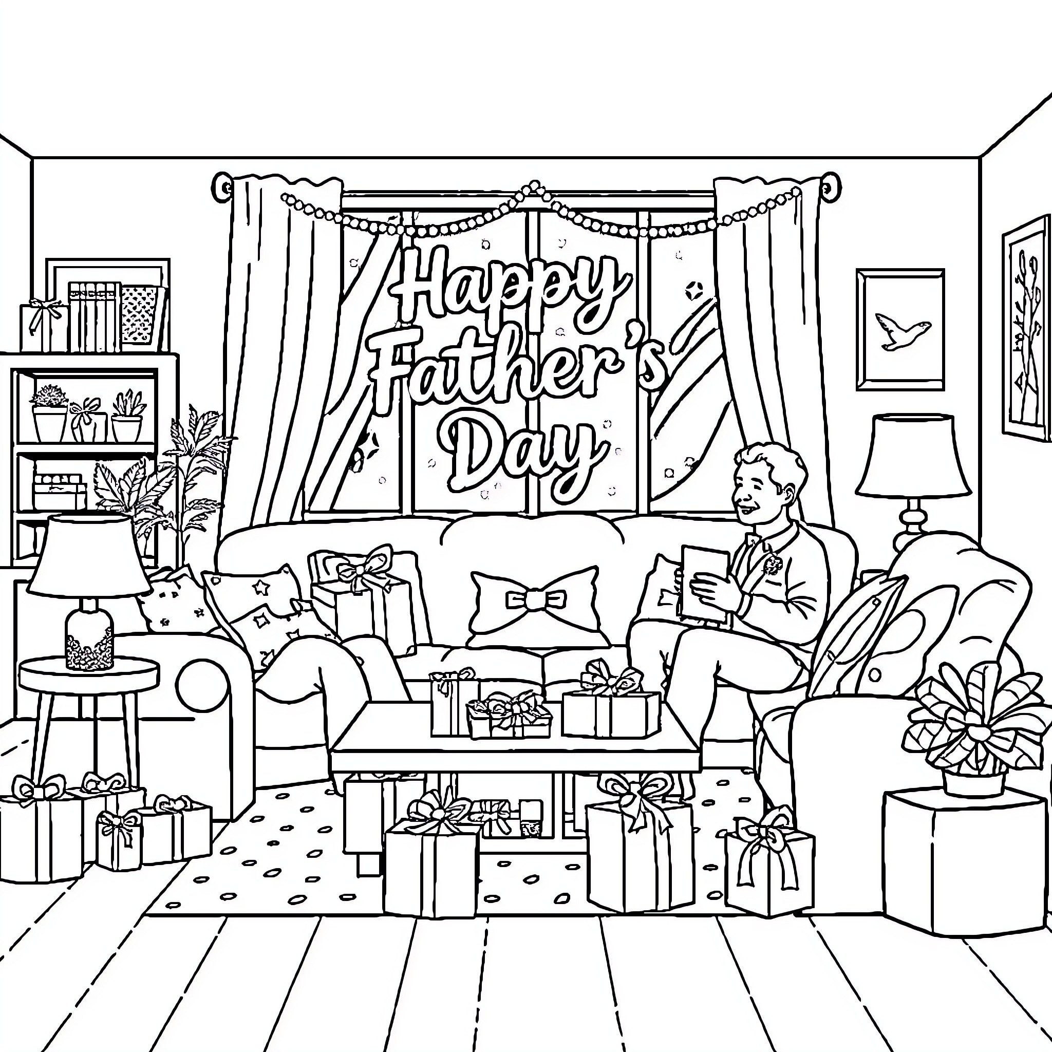 Father relaxing with gifts on Father's Day Coloring Page (free black-and-white line drawing printable PDF for all, from beginners to advanced learners, including children, teens, adults, and seniors)
