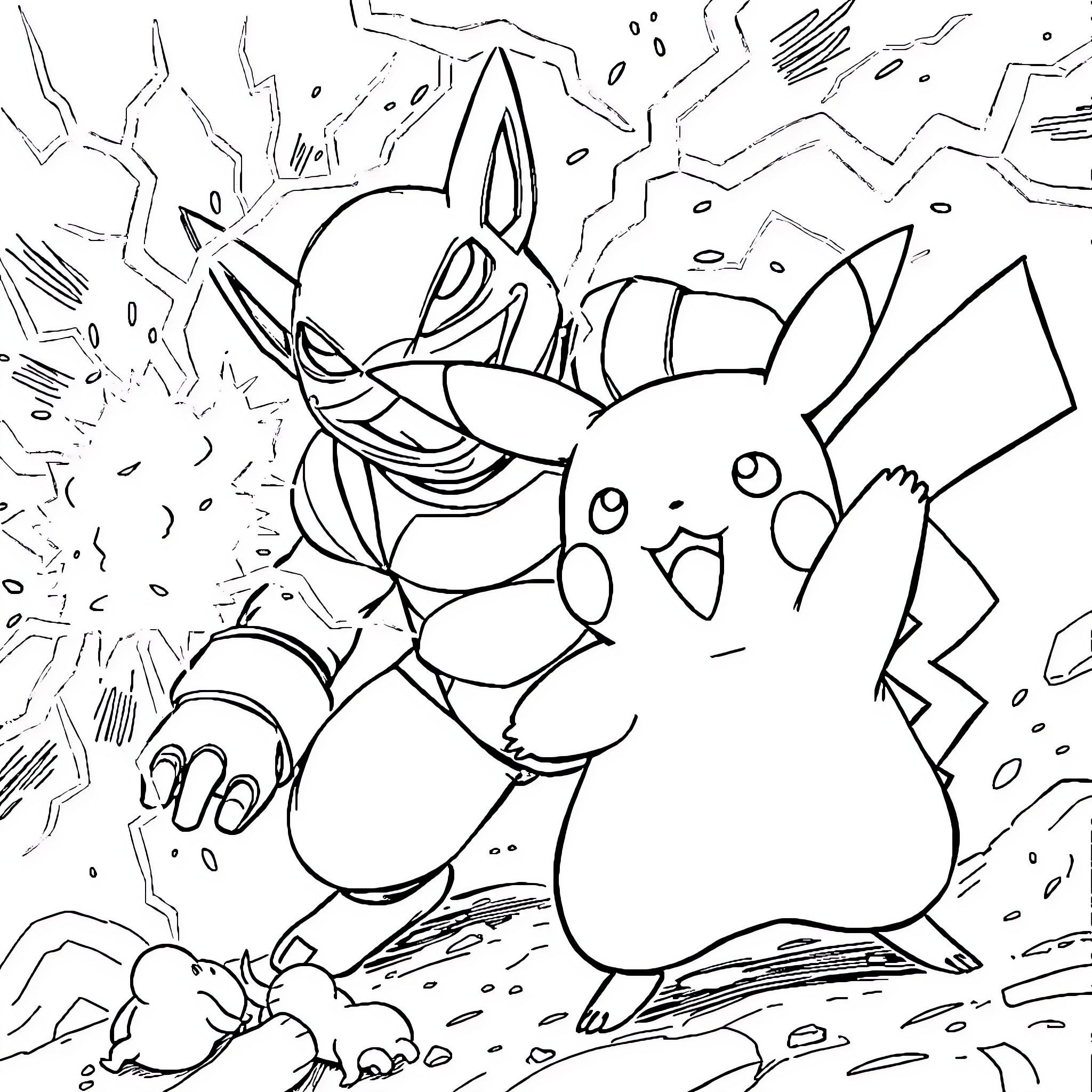 Pikachu battling with fierce determination Coloring Page (free black-and-white line drawing printable PDF for all, from beginners to advanced learners, including children, teens, adults, and seniors)