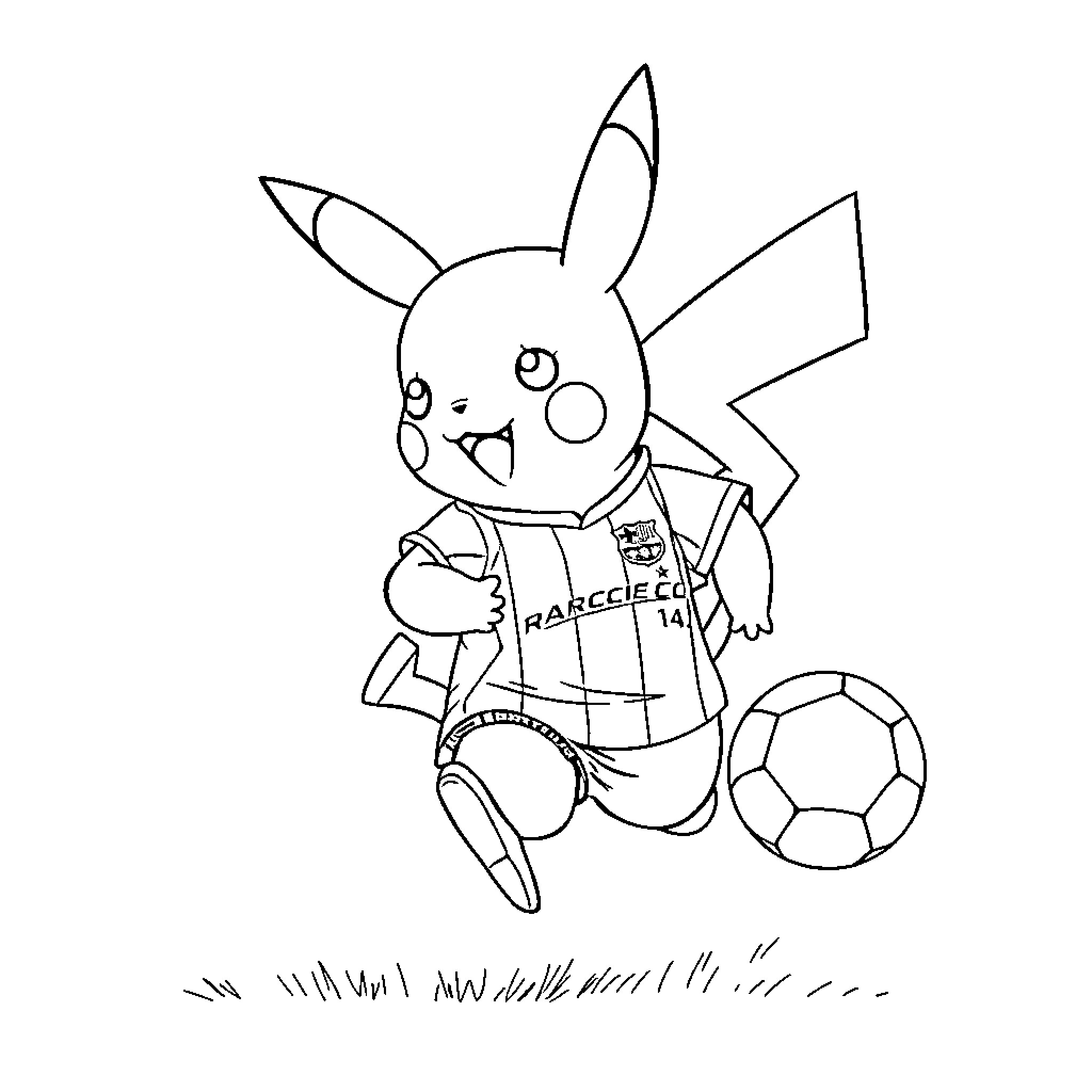 Pikachu playing soccer with a ball Coloring Page (free black-and-white line drawing printable PDF for all, from beginners to advanced learners, including children, teens, adults, and seniors)