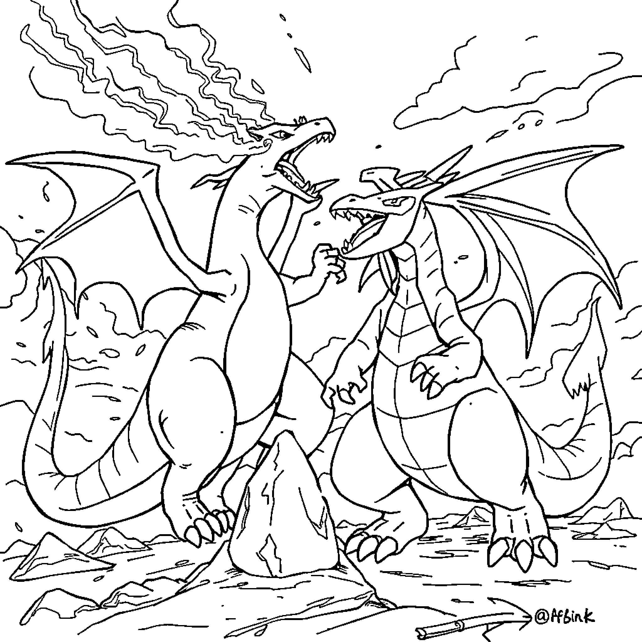 Charizard engaged in a fierce battle with another dragon Coloring Page (free black-and-white line drawing printable PDF for all, from beginners to advanced learners, including children, teens, adults, and seniors)
