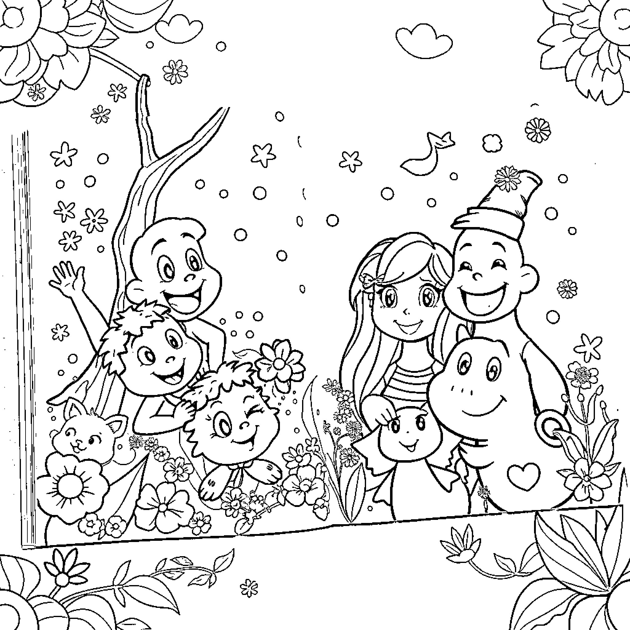 Animation of happy children in a floral garden Coloring Page (free black-and-white line drawing printable PDF for all, from beginners to advanced learners, including children, teens, adults, and seniors)