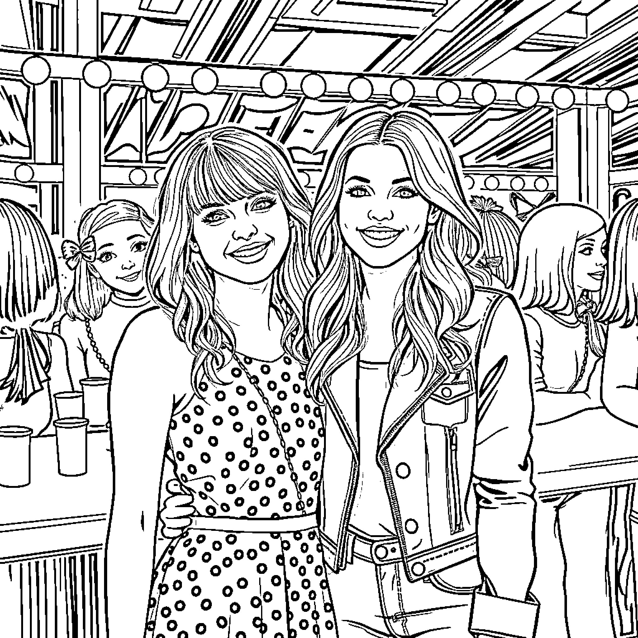 Taylor Swift and friends enjoying a music event Coloring Page (free black-and-white line drawing printable PDF for all, from beginners to advanced learners, including children, teens, adults, and seniors)