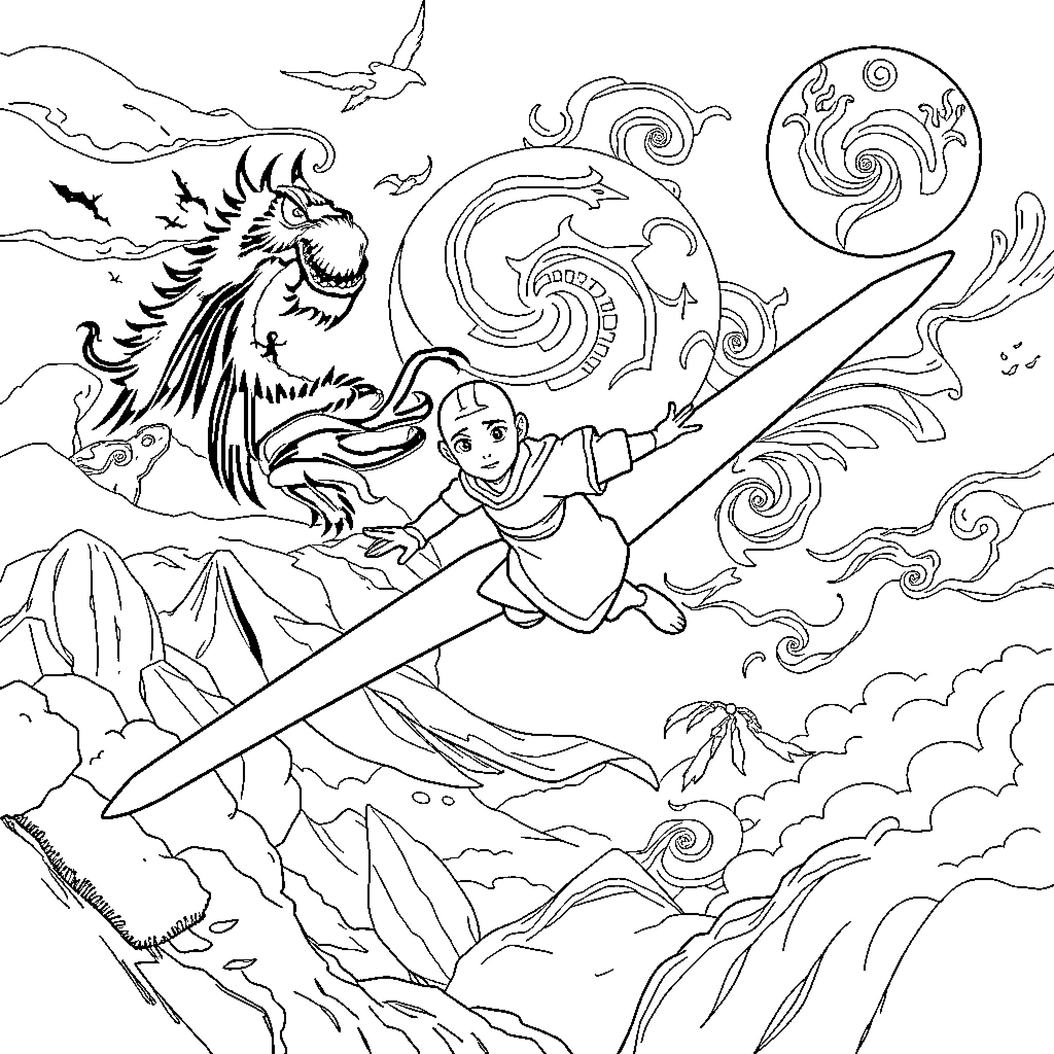 Avatar Battles Mythical Creatures in Fantastical Landscape Coloring Page (free black-and-white line drawing printable PDF for all, from beginners to advanced learners, including children, teens, adults, and seniors)