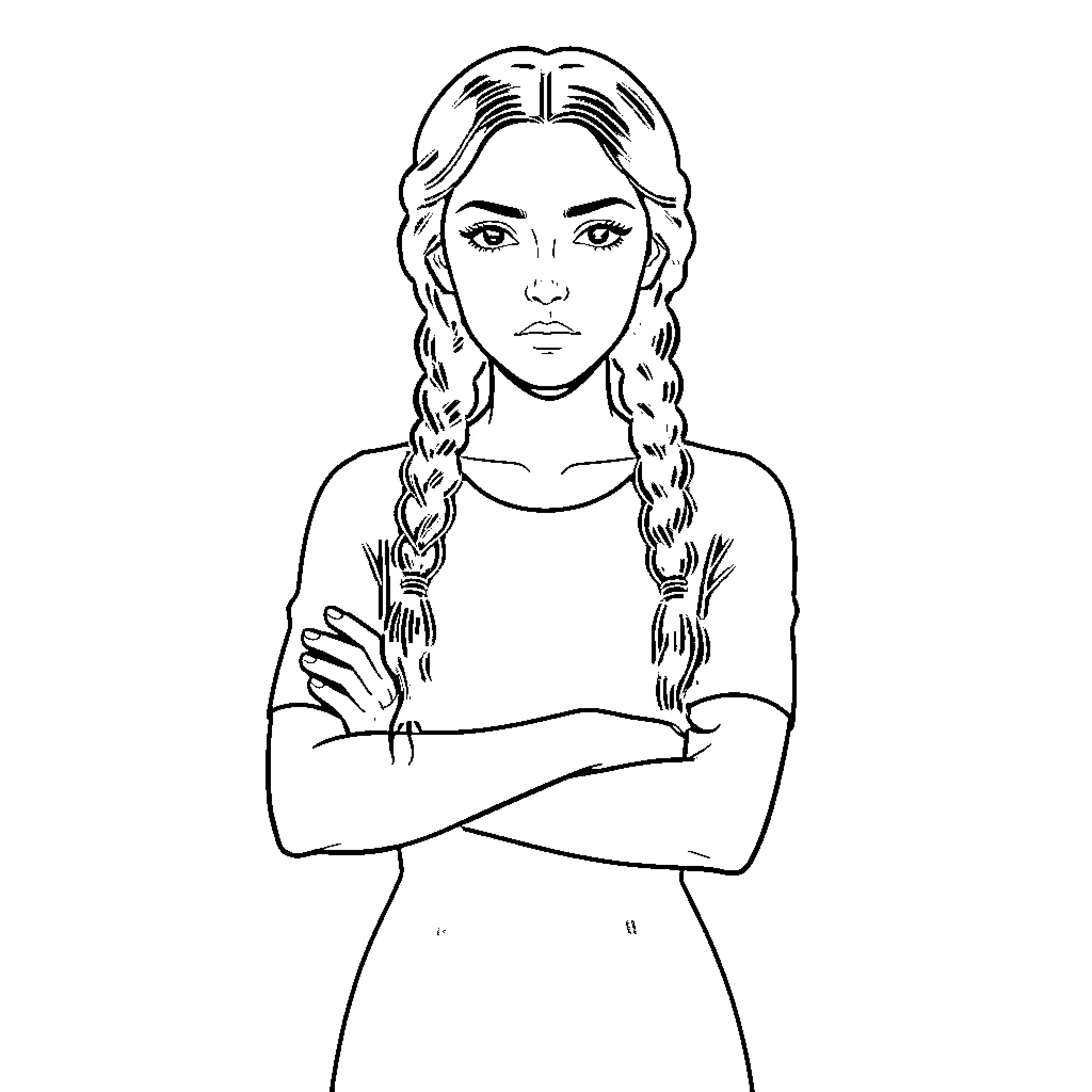 Wednesday Adams in pensive mood with braids Coloring Page (free black-and-white line drawing printable PDF for all, from beginners to advanced learners, including children, teens, adults, and seniors)